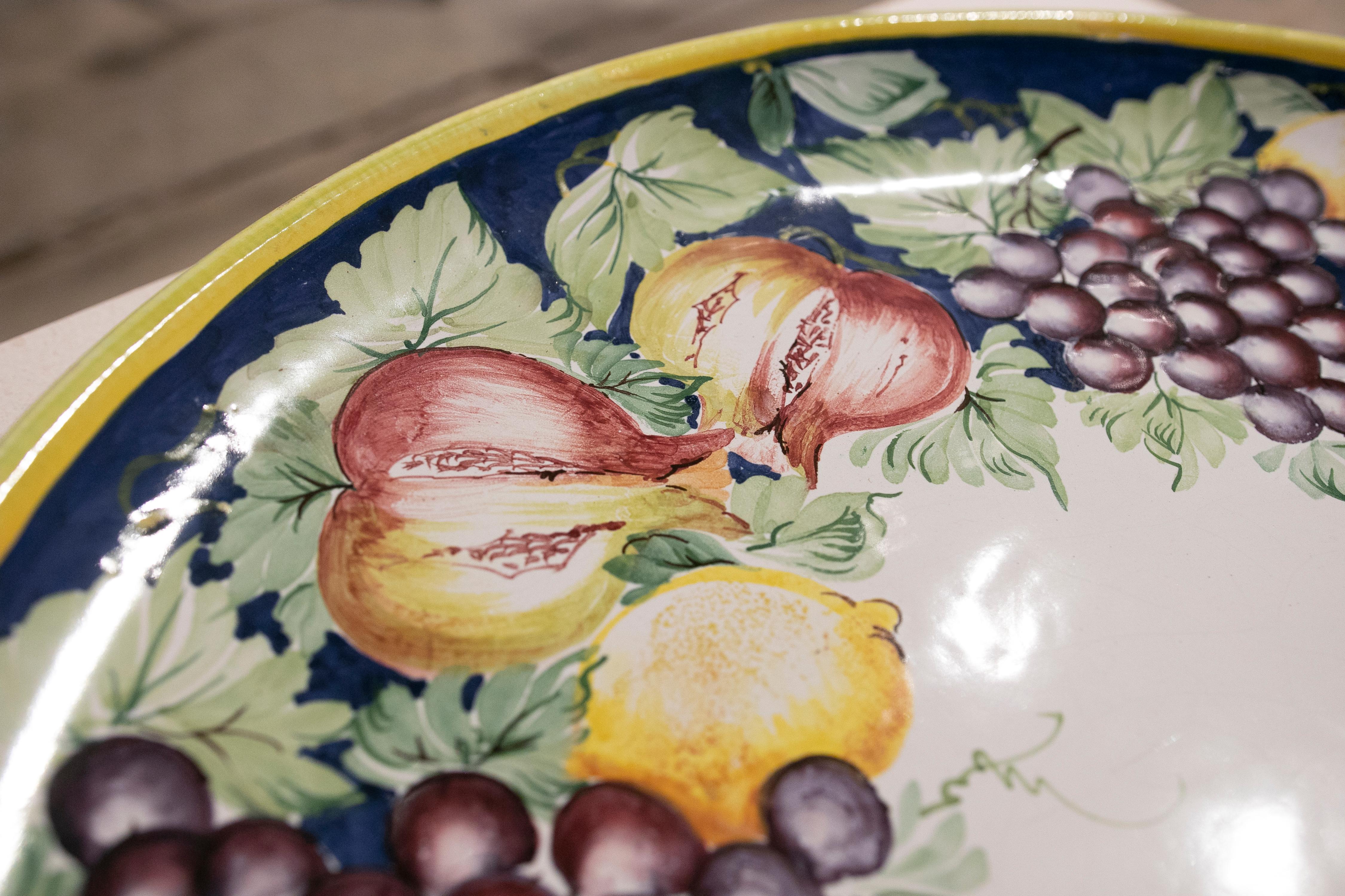 Italian Hand Painted Glazed Ceramic Dish with Fruits and Leaves 1