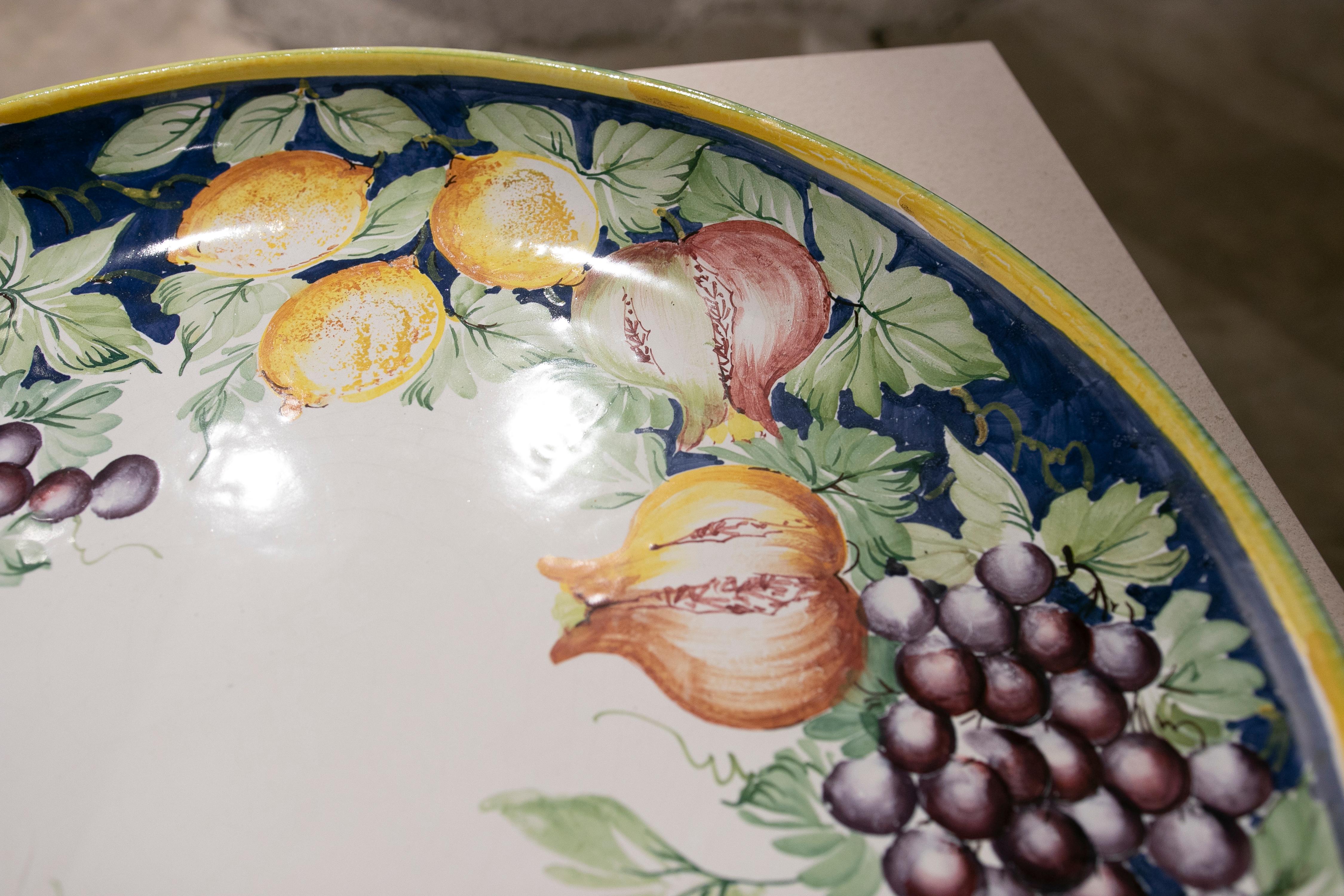 Italian Hand Painted Glazed Ceramic Dish with Fruits and Leaves 3