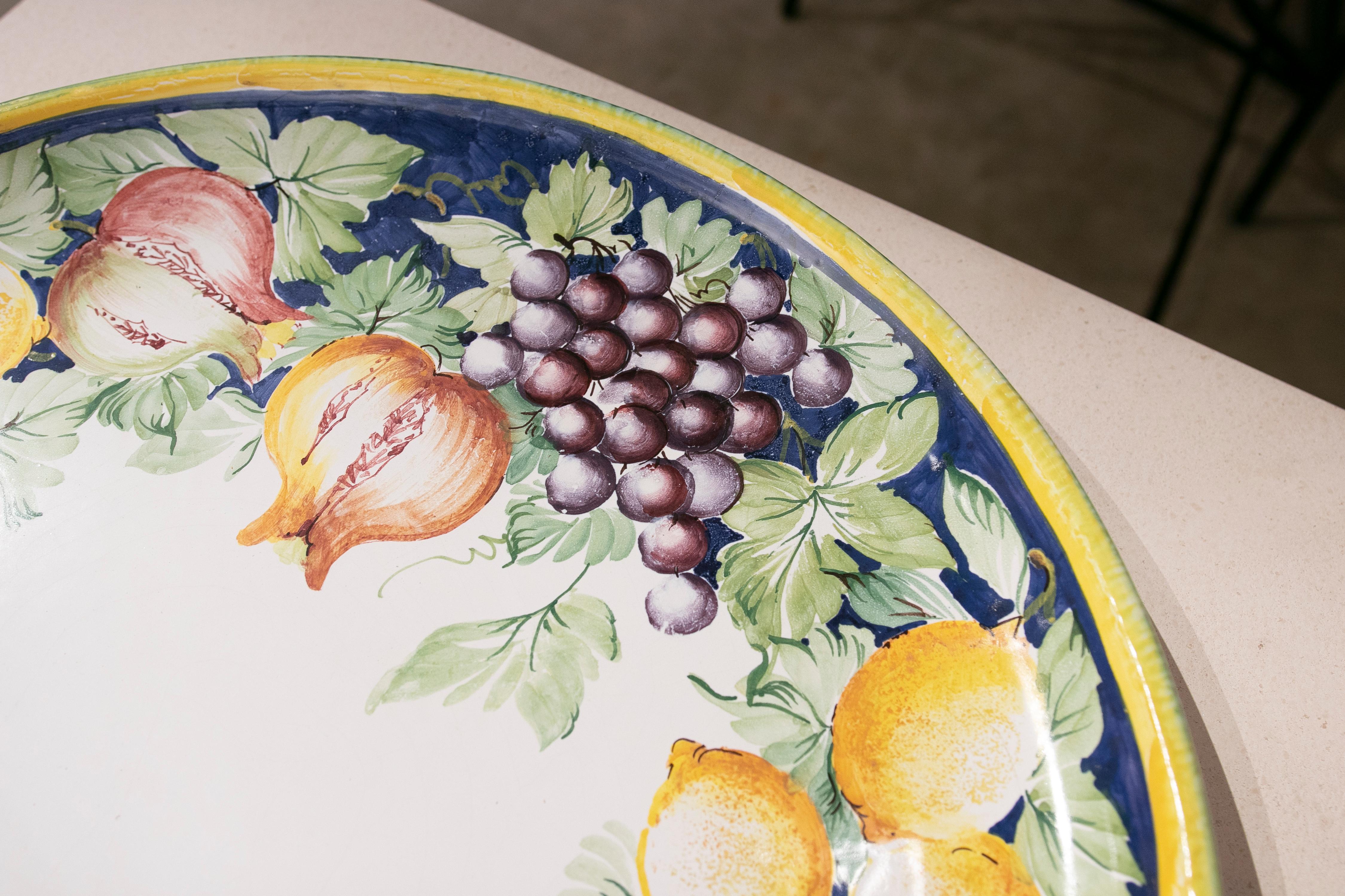 Italian Hand Painted Glazed Ceramic Dish with Fruits and Leaves 4