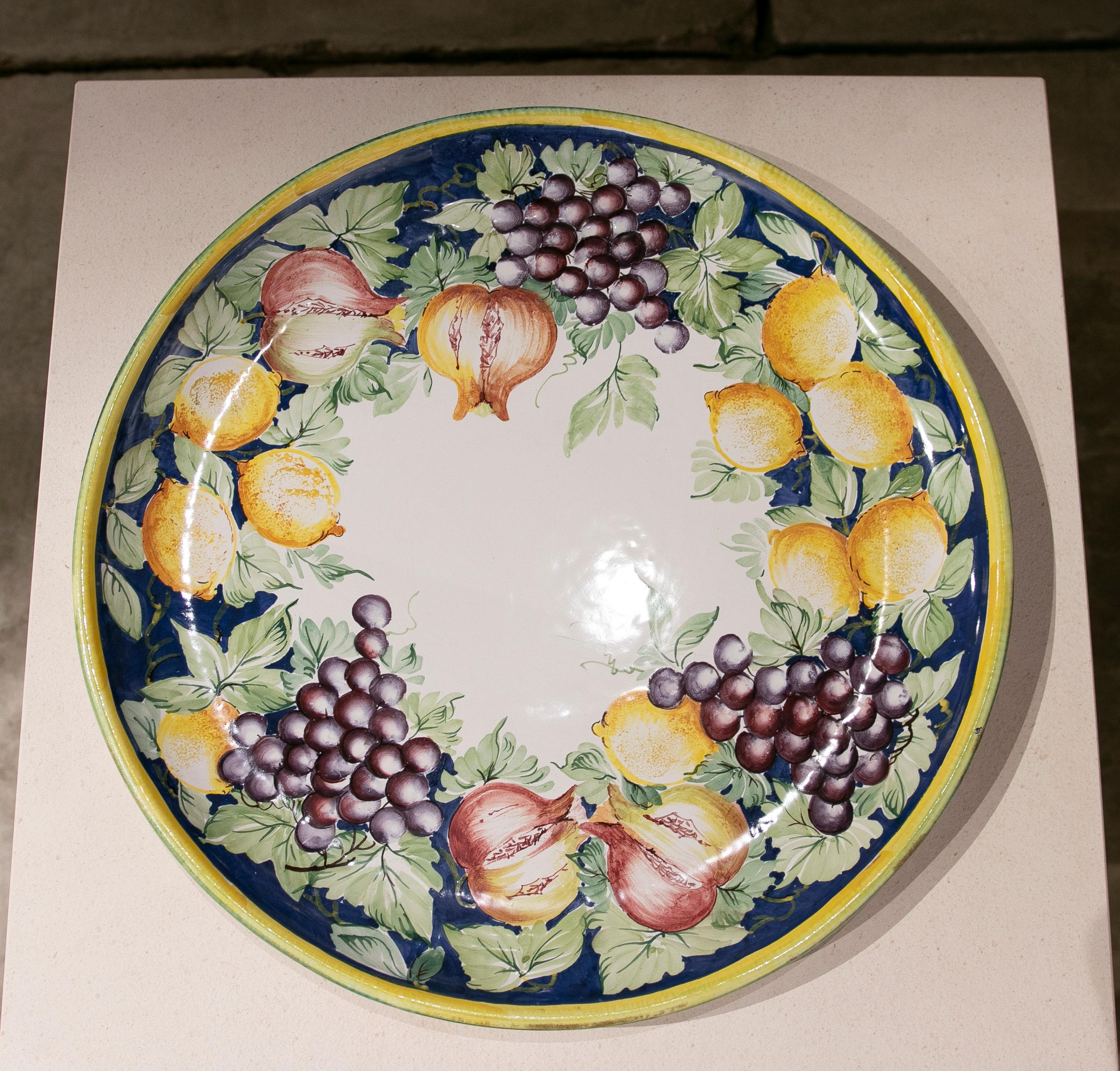 Italian Hand Painted Glazed Ceramic Dish with Fruits and Leaves 5