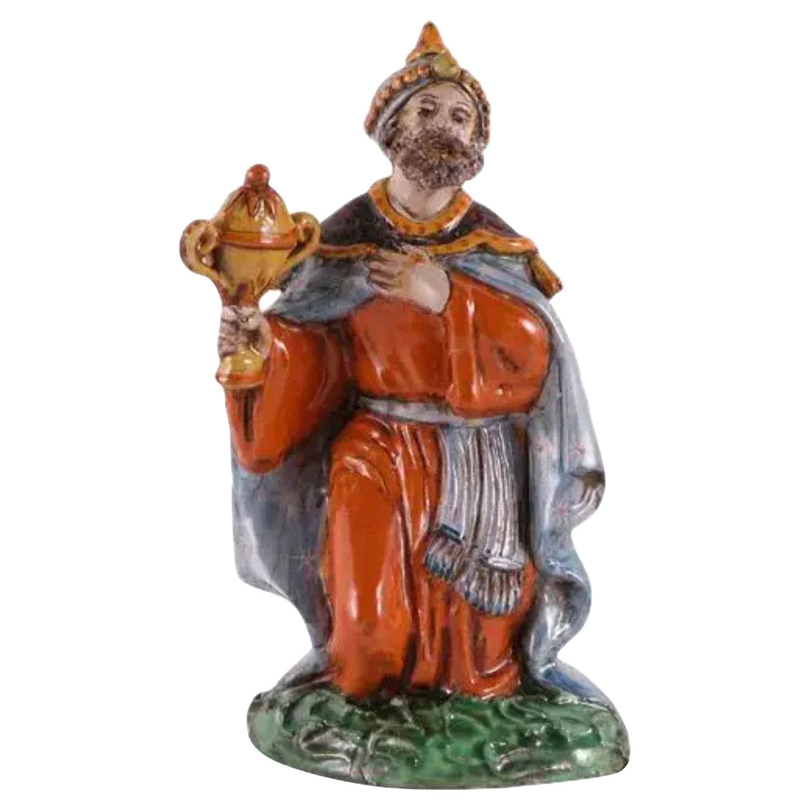 Italian Hand-Painted Ceramic Kneeling Male Figurine Sculpture For Sale