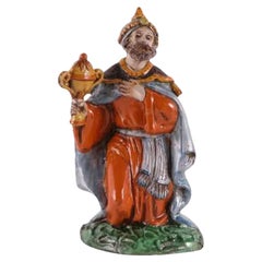 Italian Hand-Painted Glazed Ceramic Kneeling Male Figurine in Blue and Orange