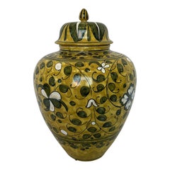Italian Hand-Painted Green and Yellow Ceramic Lidded Urn, Decorative Art Pottery