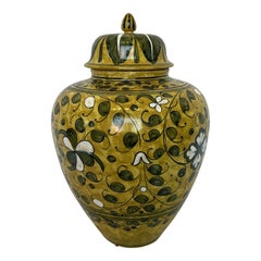 Italian Hand-Painted Green and Yellow Ceramic Lidded Urn, Decorative Art Pottery