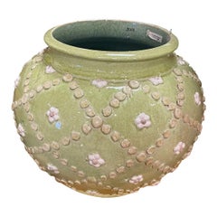Italian Hand-Painted Green Ceramic Centerpiece Vase, Decorative Art Pottery