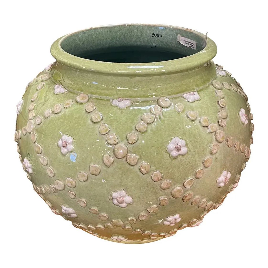 Italian Hand-Painted Green Ceramic Centerpiece Vase, Decorative Art Pottery For Sale