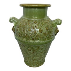 Italian Hand-Painted Green Ceramic Vase with Two Handles, Classic Decorative Art