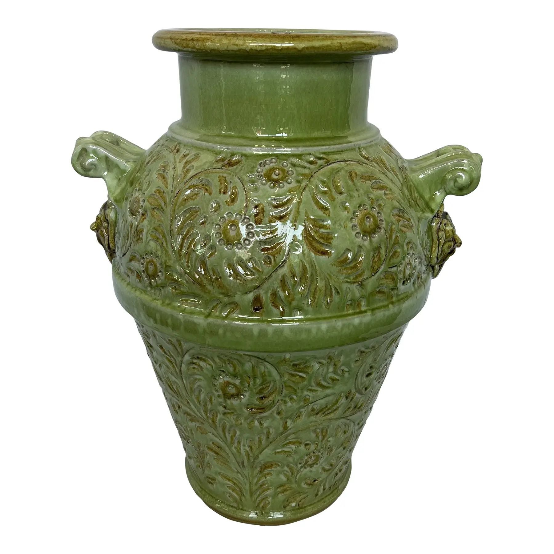 Italian Hand-Painted Green Ceramic Vase with Two Handles, Classic Decorative Art