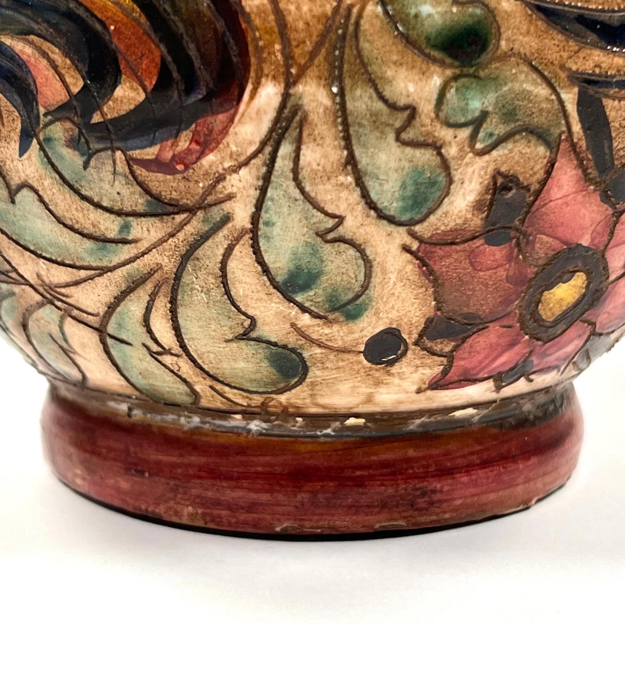  Italian Hand Painted Pottery Vase with Flowers and Birds Circa 19th C. In Good Condition For Sale In Los Angeles, CA
