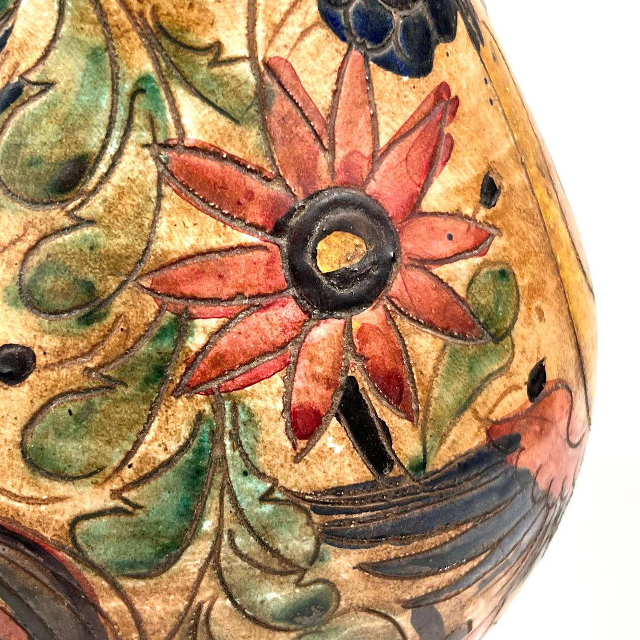 19th Century  Italian Hand Painted Pottery Vase with Flowers and Birds Circa 19th C. For Sale