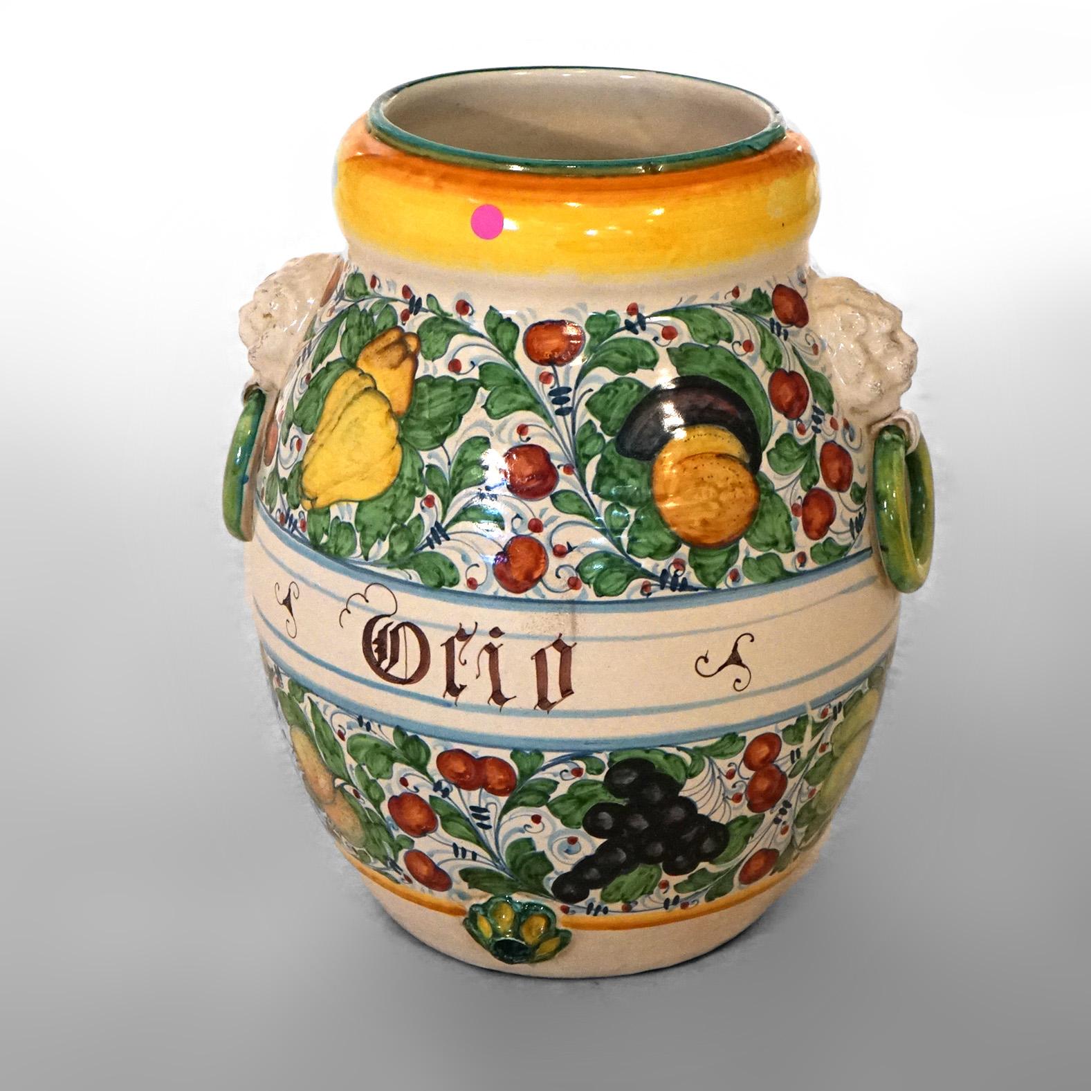 ***Ask About Reduced In-House Shipping Rates - Reliable Service & Fully Insured***
A large Italian Majolica floor vase offers terracotta pottery construction with flanking handles and allover foliate and fruit elements, 20th century

Measures- 21''H