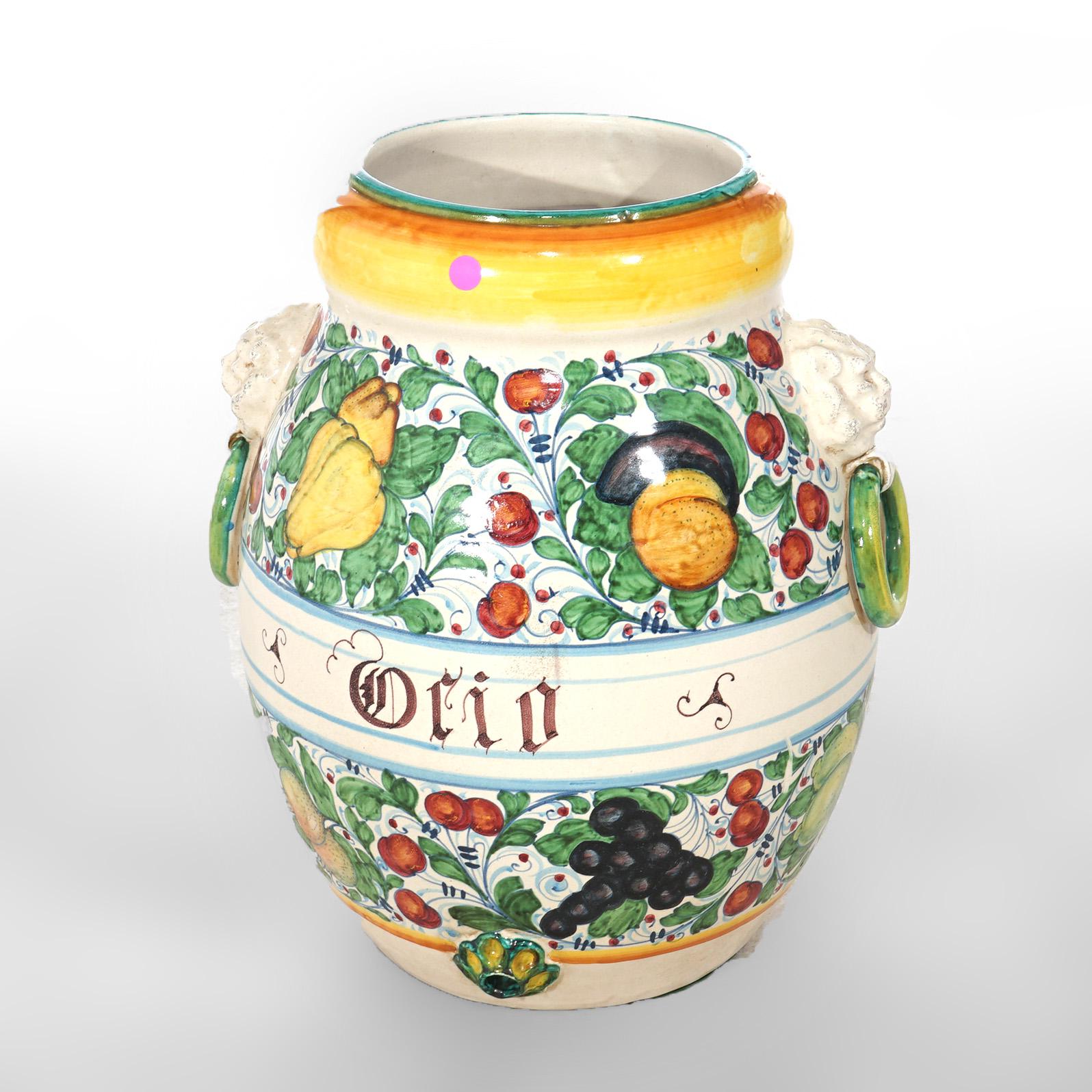 Italian Hand Painted Majolica Terracotta Oil Jar Floor Vase with Fruit 20th C In Good Condition In Big Flats, NY