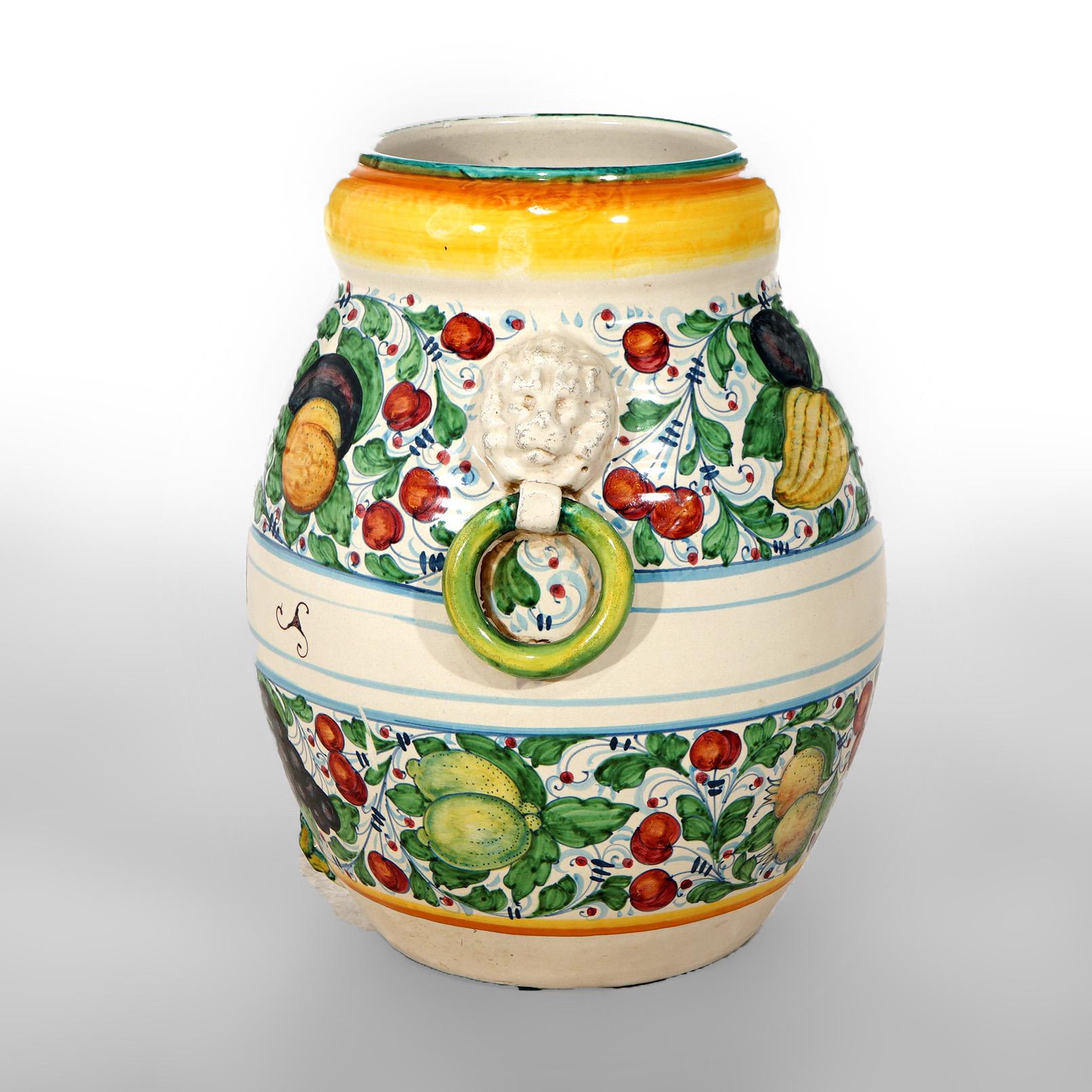 20th Century Italian Hand Painted Majolica Terracotta Oil Jar Floor Vase with Fruit 20th C