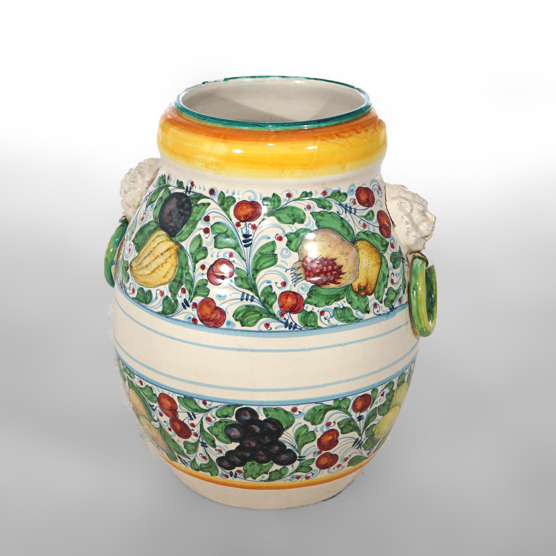 Italian Hand Painted Majolica Terracotta Oil Jar Floor Vase with Fruit 20th C 1