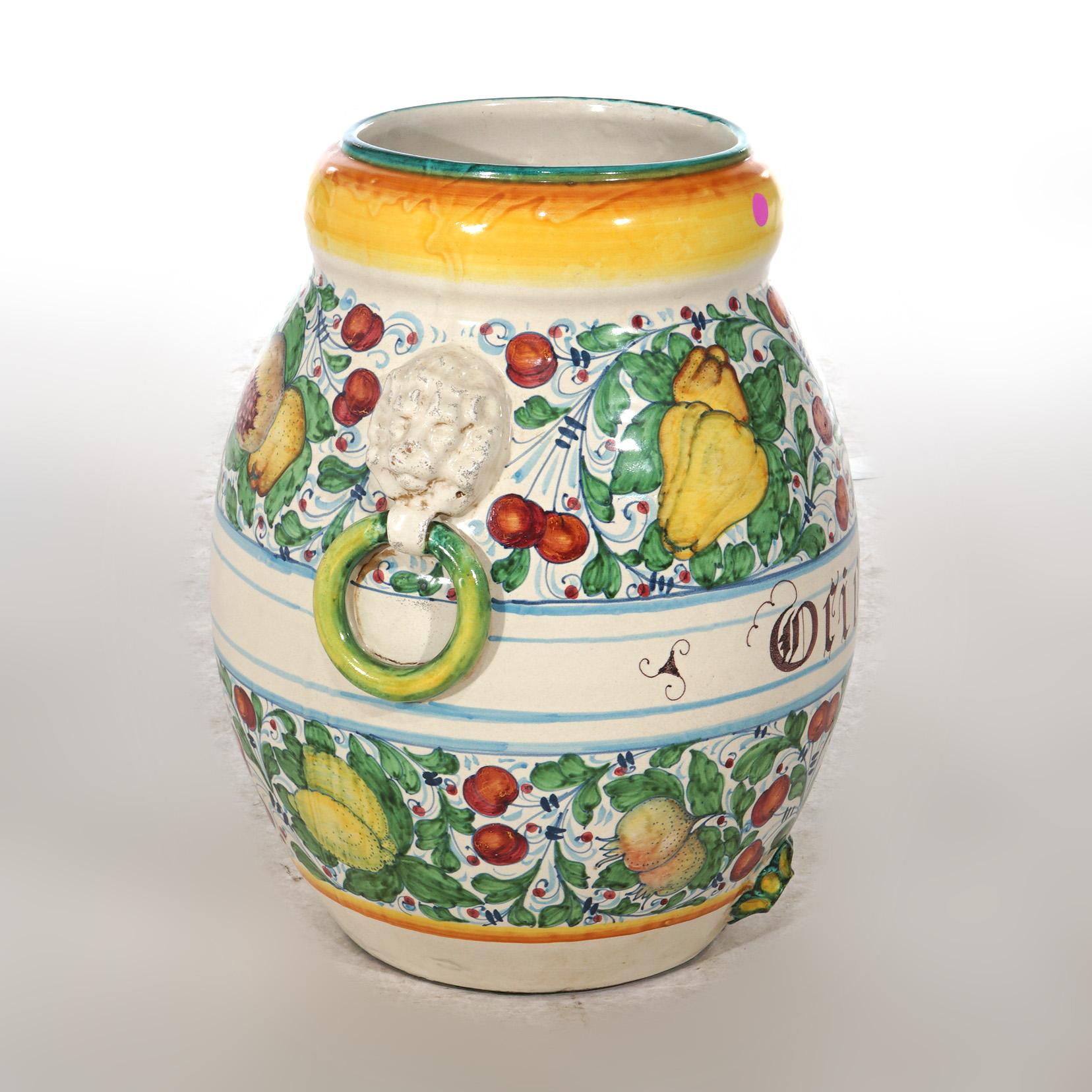 Italian Hand Painted Majolica Terracotta Oil Jar Floor Vase with Fruit 20th C 2