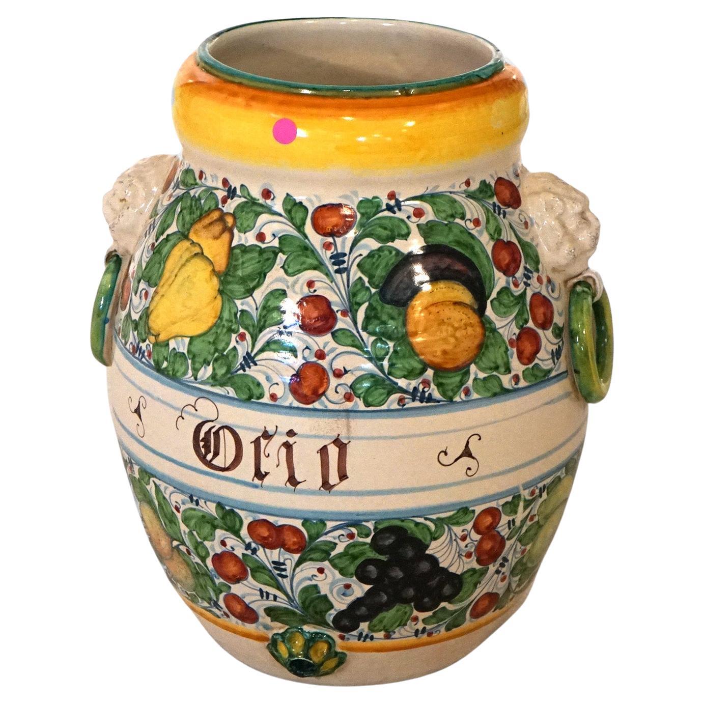Italian Hand Painted Majolica Terracotta Oil Jar Floor Vase with Fruit 20th C