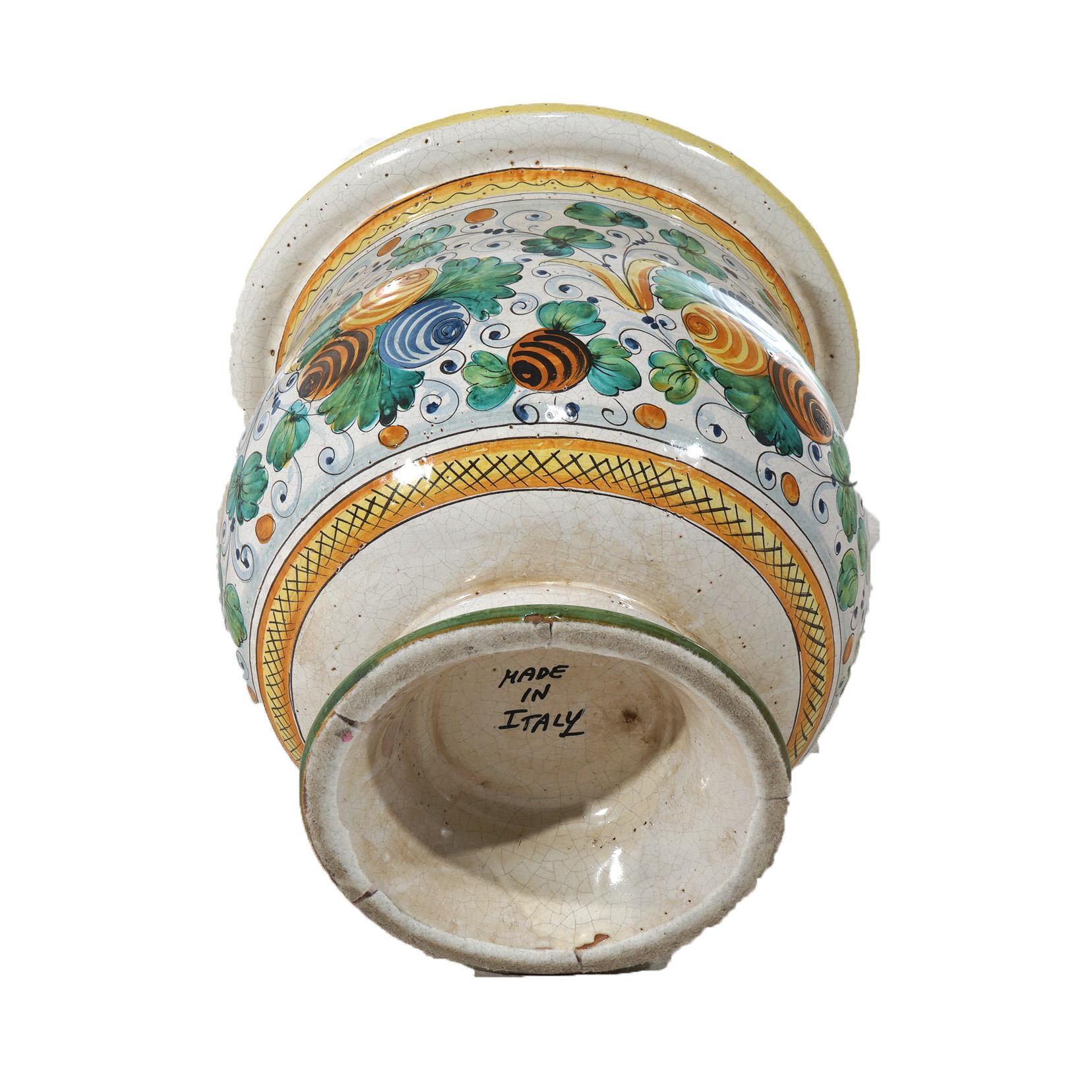 Italian Hand Painted Majolica Terracotta Pottery Floor Vase 20th C For Sale 2