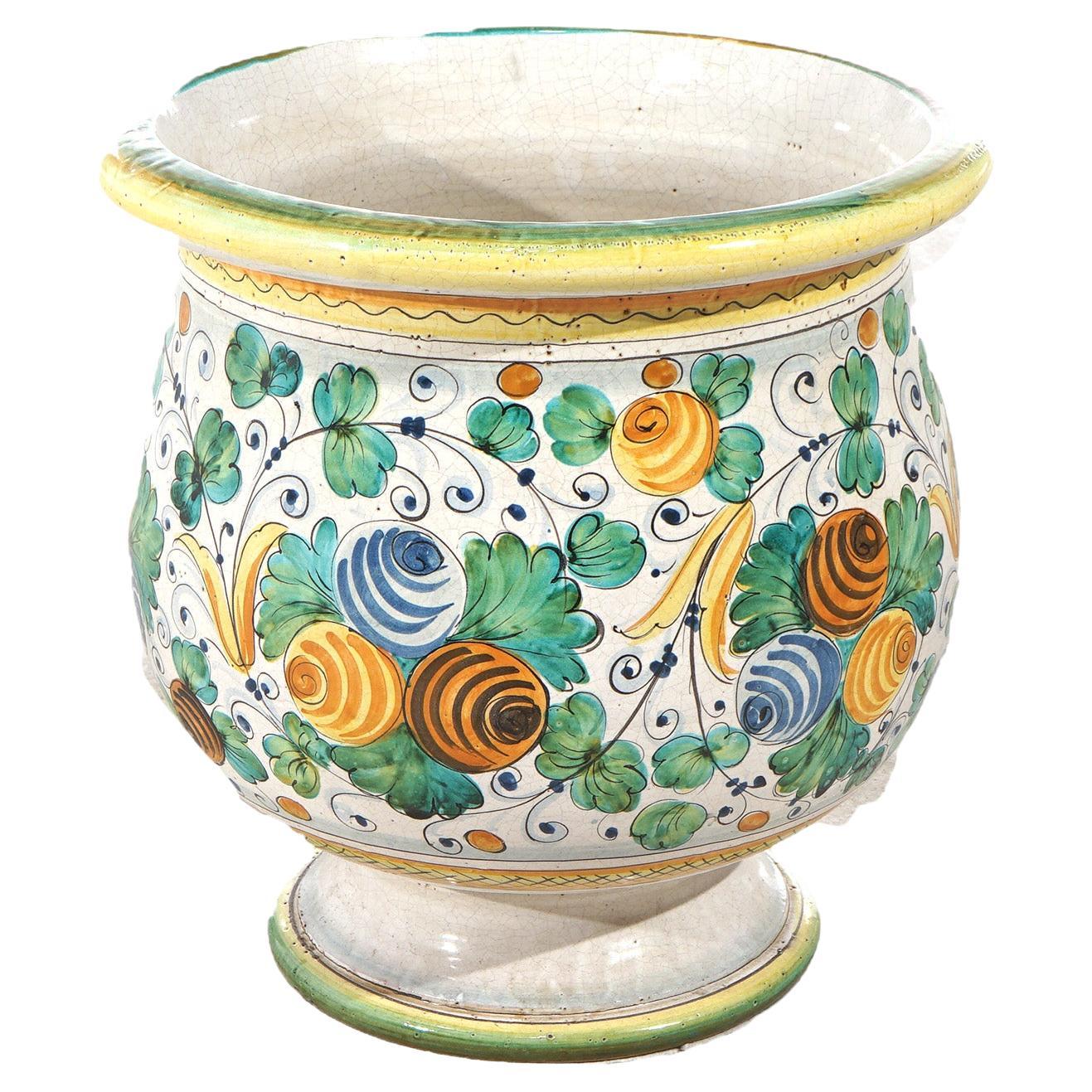 Italian Hand Painted Majolica Terracotta Pottery Floor Vase 20th C For Sale