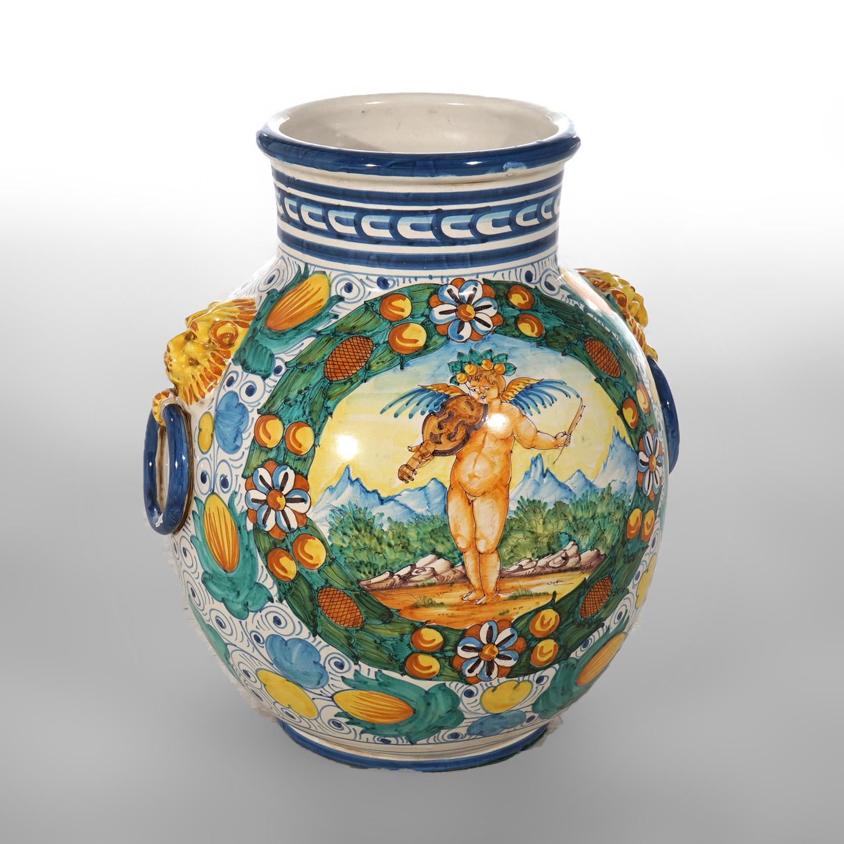 20th Century Italian Hand Painted Majolica Terracotta Pottery Floor Vase with Cherub 20th C