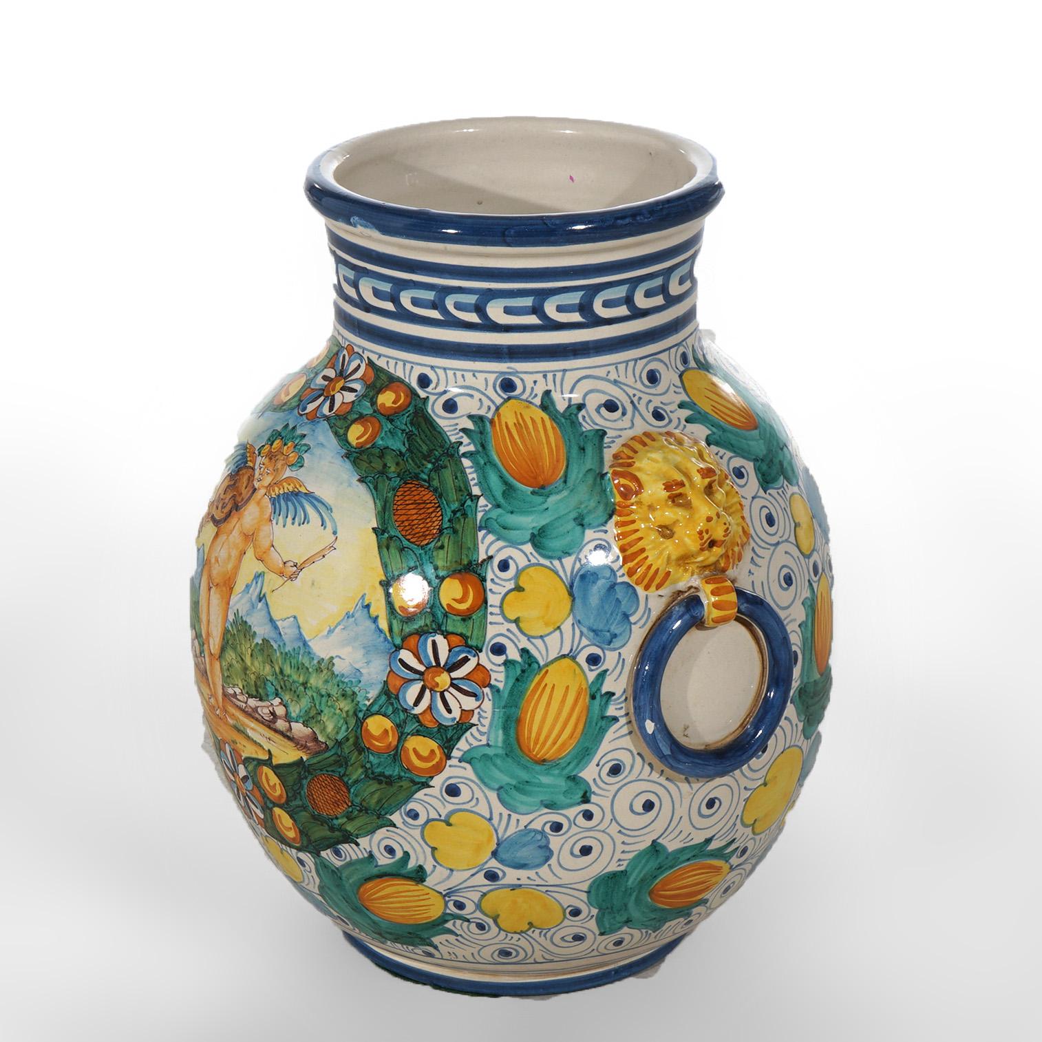 Italian Hand Painted Majolica Terracotta Pottery Floor Vase with Cherub 20th C For Sale 1