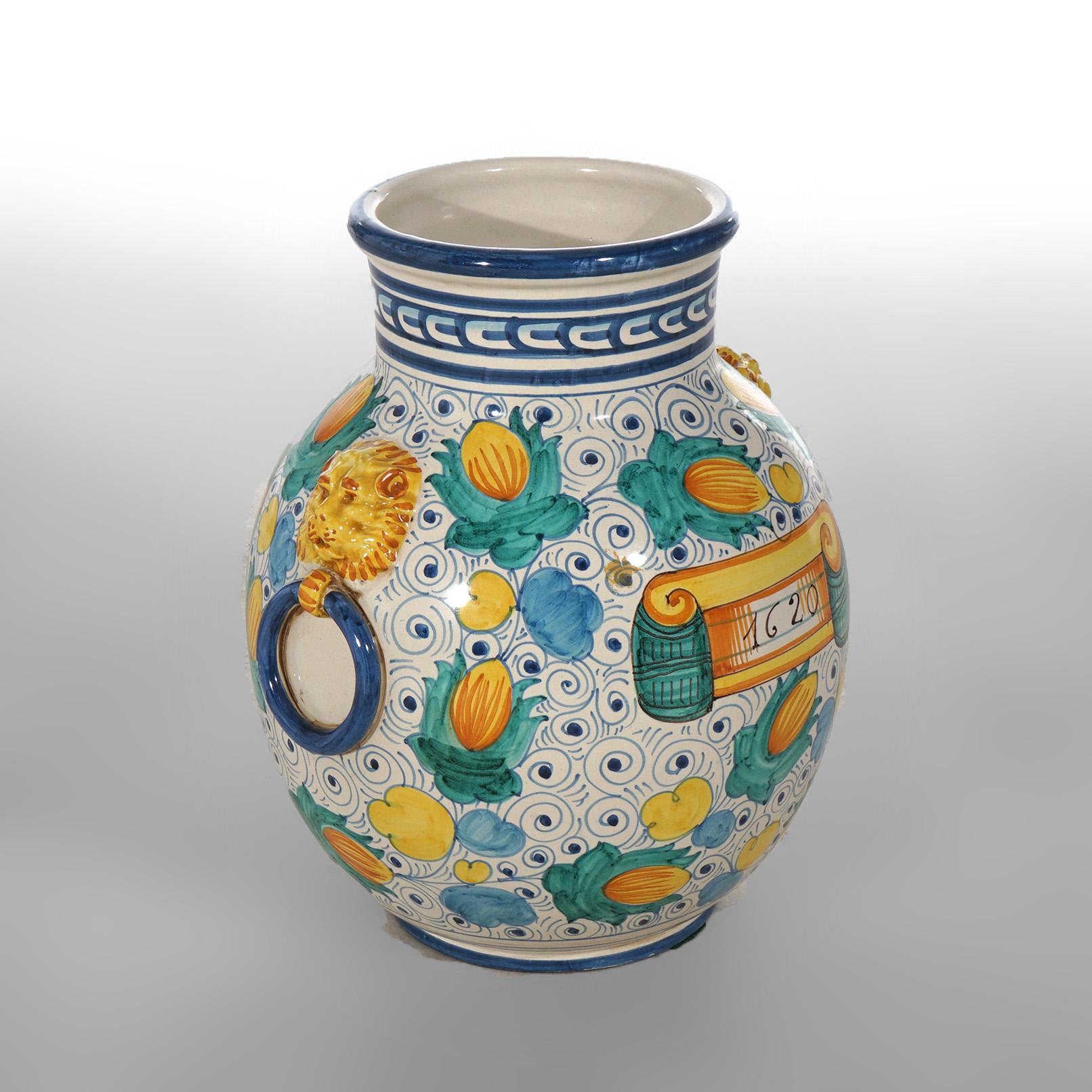 Italian Hand Painted Majolica Terracotta Pottery Floor Vase with Cherub 20th C For Sale 2