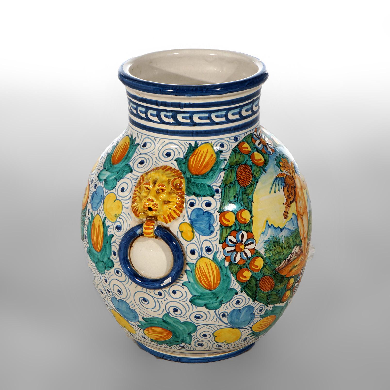 Italian Hand Painted Majolica Terracotta Pottery Floor Vase with Cherub 20th C For Sale 3