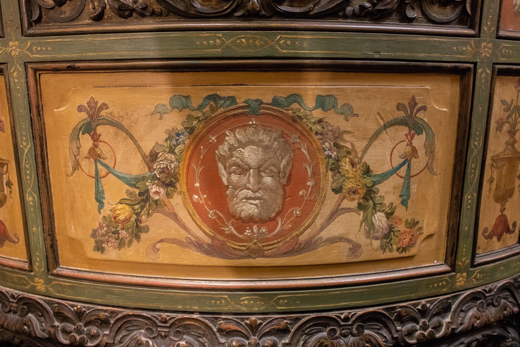 Large Italian 19 century hand painted neoclassical style marble top commode .
Painted with classical busts and garlands .