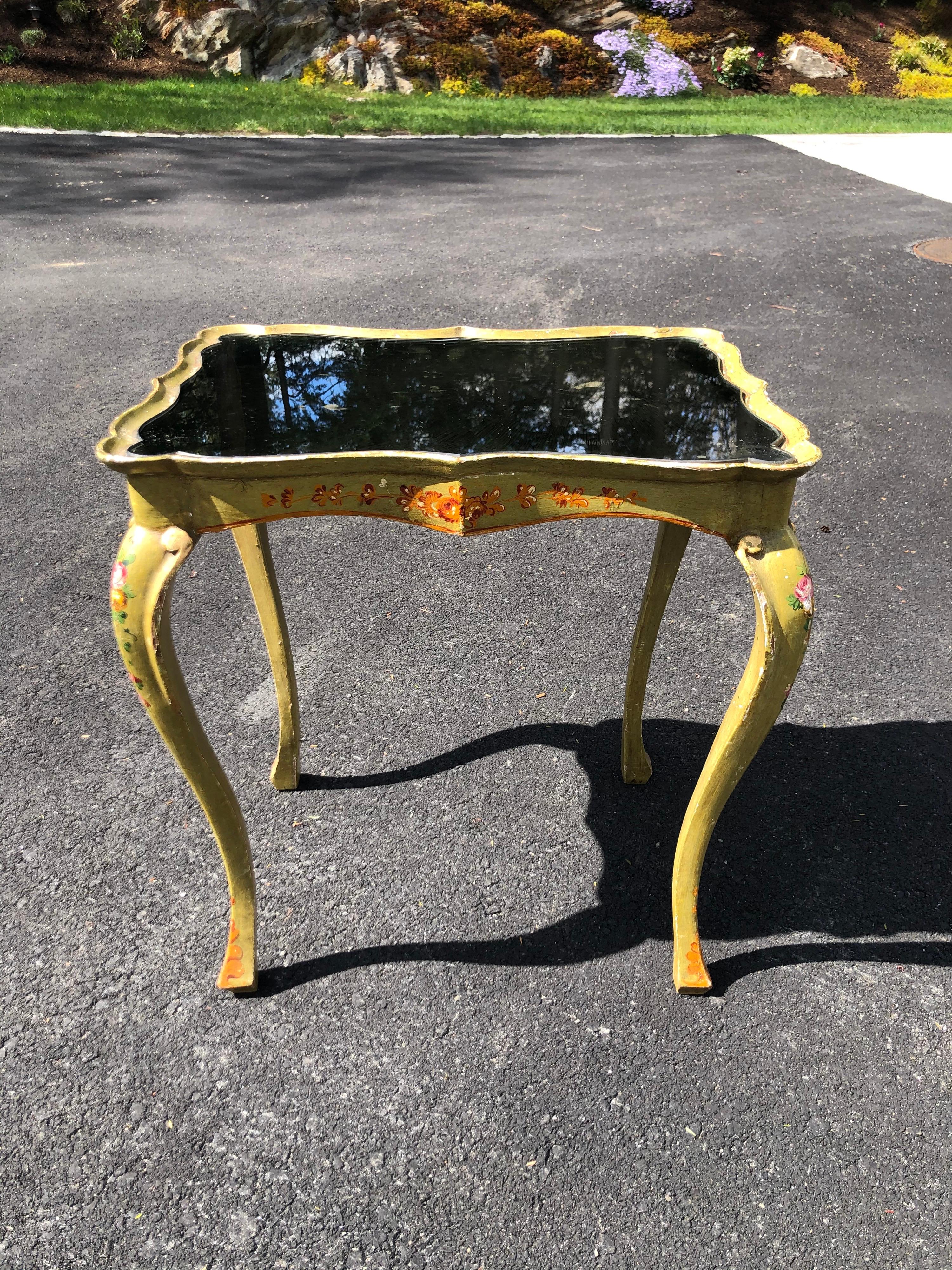 Mid-20th Century Italian Hand Painted Mirror Top Side Table For Sale