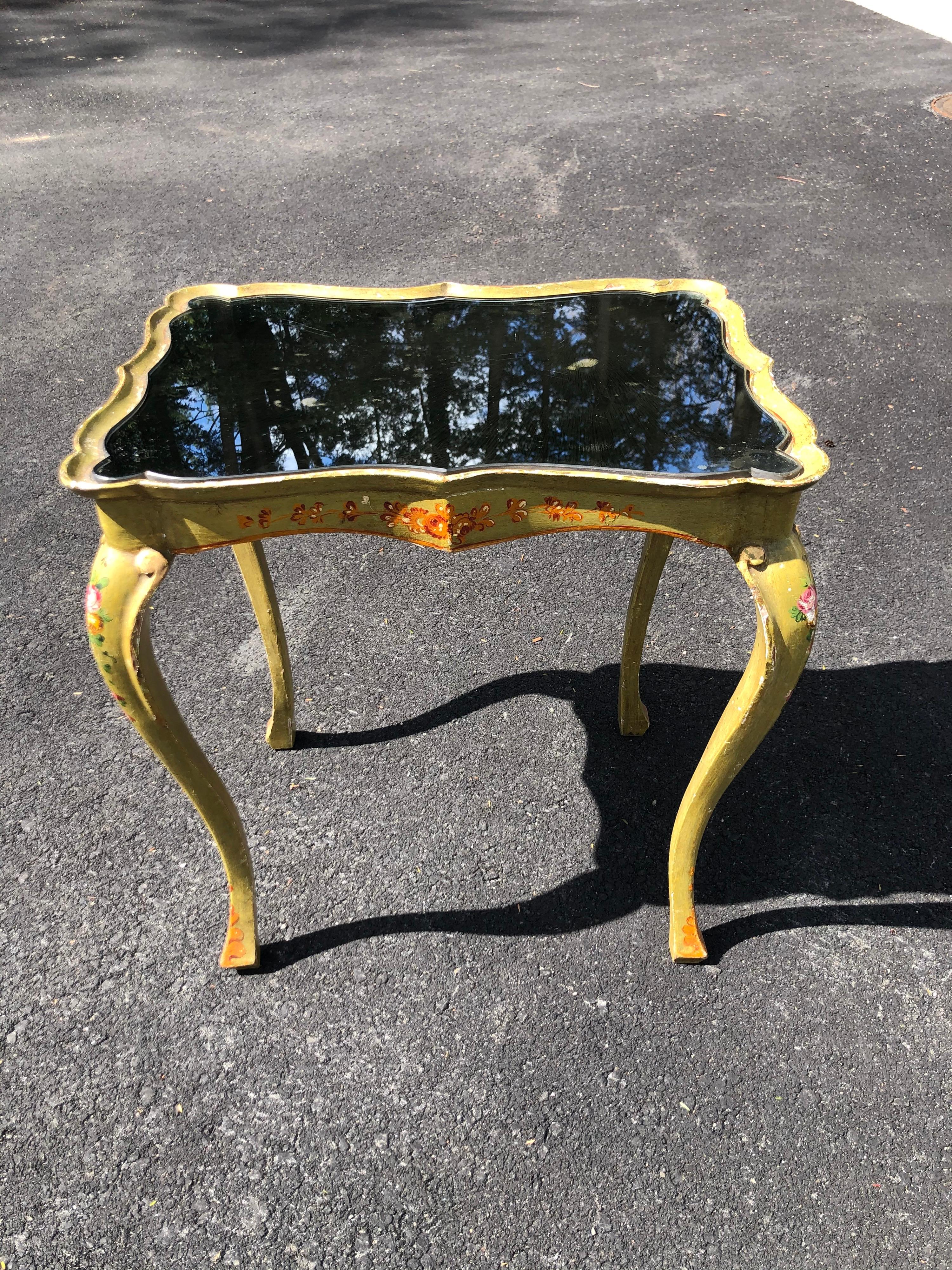 Wood Italian Hand Painted Mirror Top Side Table For Sale