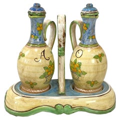 Italian Hand-Painted Oil & Vinegar Ceramic Cestino Vintage Table Decor Set
