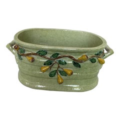 Italian Hand-Painted Oval Ceramic Centerpiece Planter with Pear Branch Motif