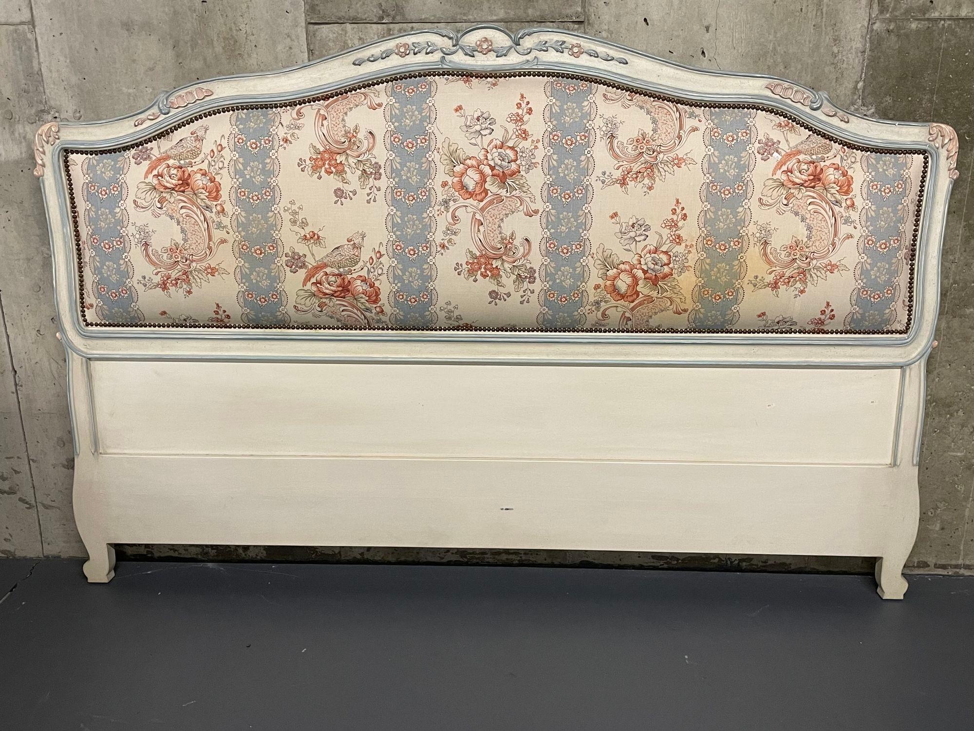 Italian Hand Painted Pastel King Size Upholstered Headboard, Bedframe
 
An Italian hand painted pastel colored, full-size headboard, having a solid painted wood, backing in a padded, cotton fabric brass tact, back rest