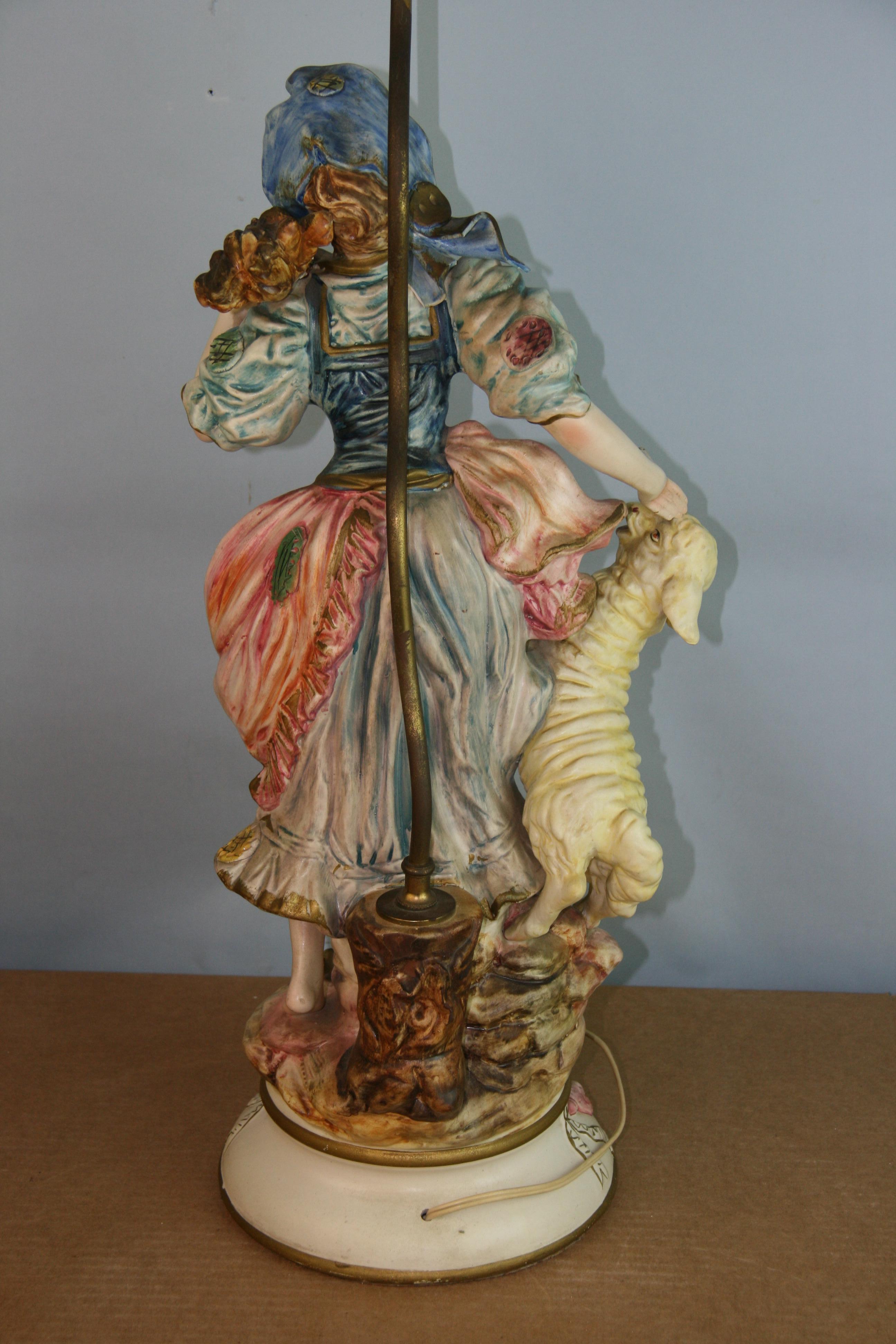 Italian Hand Painted Pheasant Woman and Lamb Lamp For Sale 5