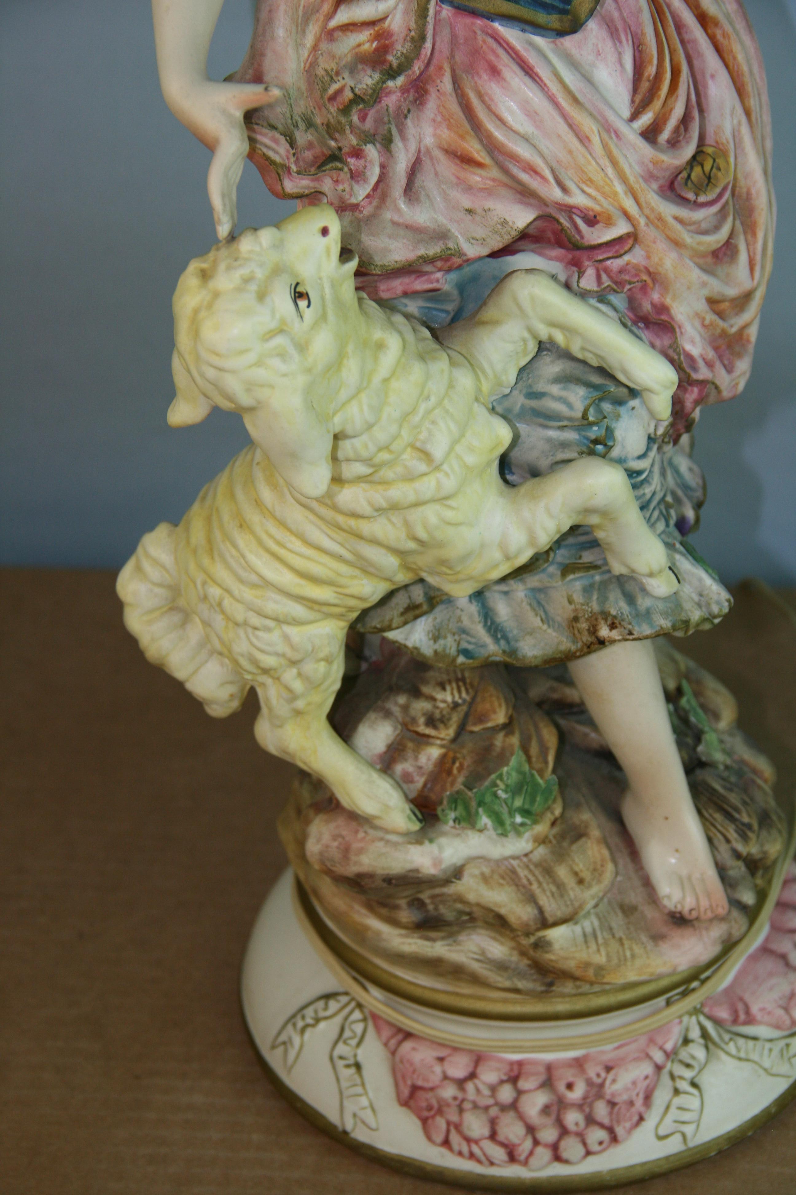 Italian Hand Painted Pheasant Woman and Lamb Lamp For Sale 6