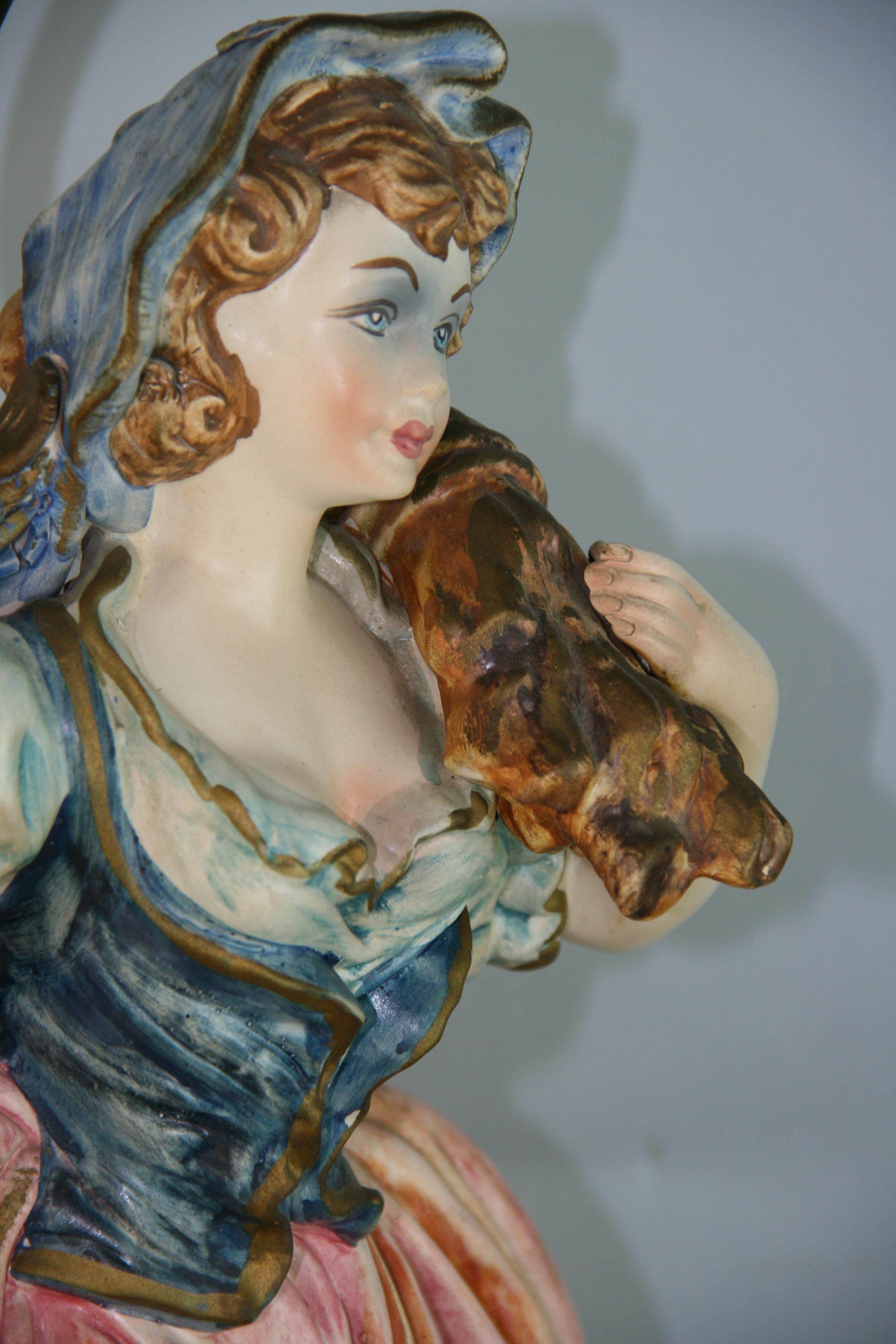 Italian Hand Painted Pheasant Woman and Lamb Lamp For Sale 7