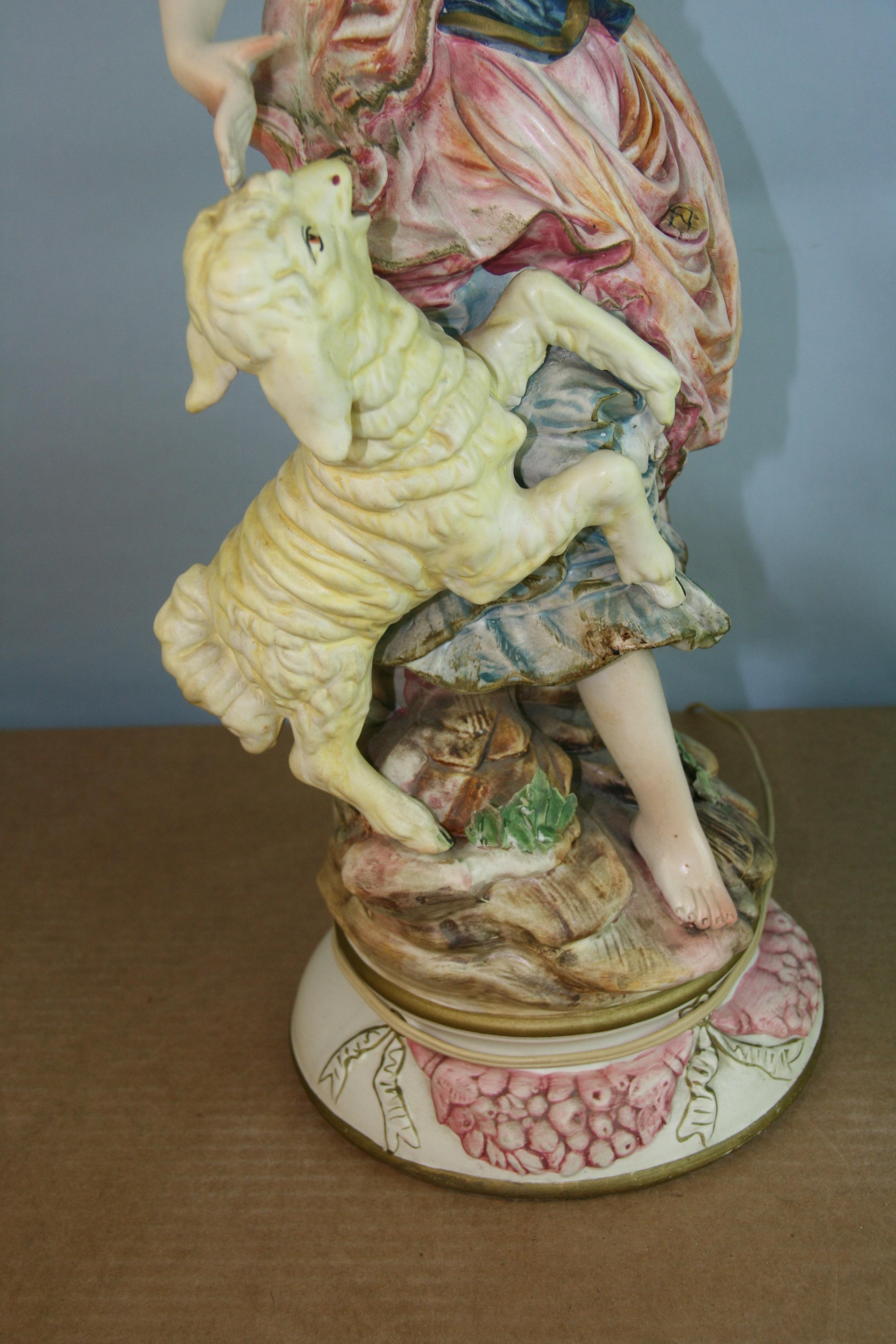 Italian Hand Painted Pheasant Woman and Lamb Lamp For Sale 9