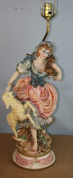 Italian Hand Painted Ceramic Lamp, Pheasant Woman & Lamb, 1940s