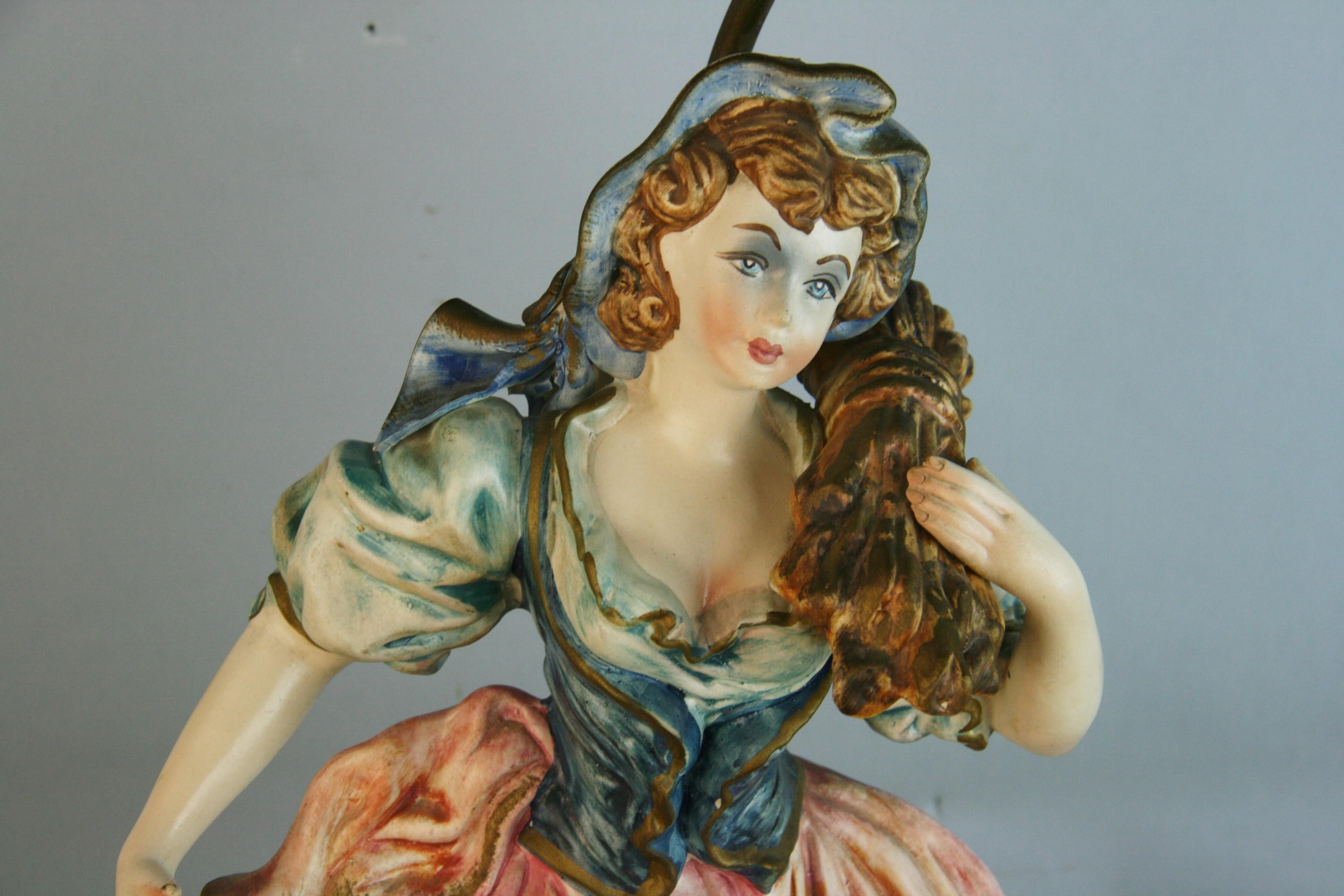 Italian Hand Painted Pheasant Woman and Lamb Lamp In Good Condition For Sale In Douglas Manor, NY