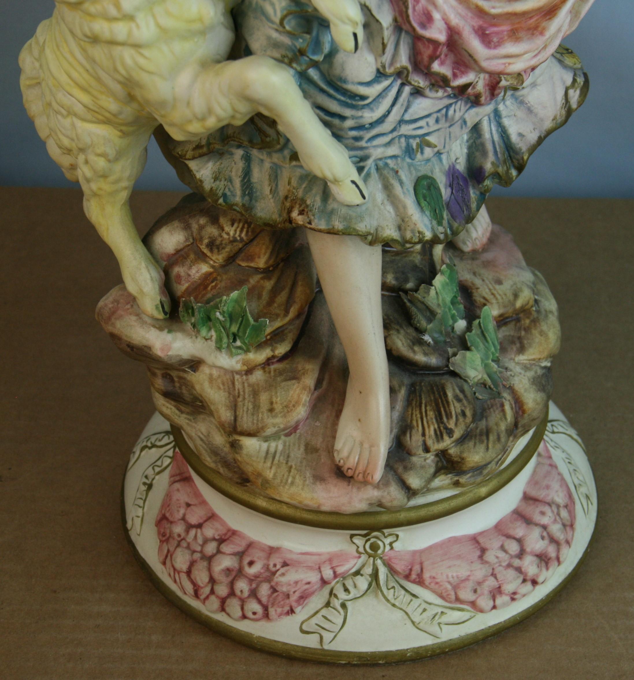 Italian Hand Painted Pheasant Woman and Lamb Lamp For Sale 1