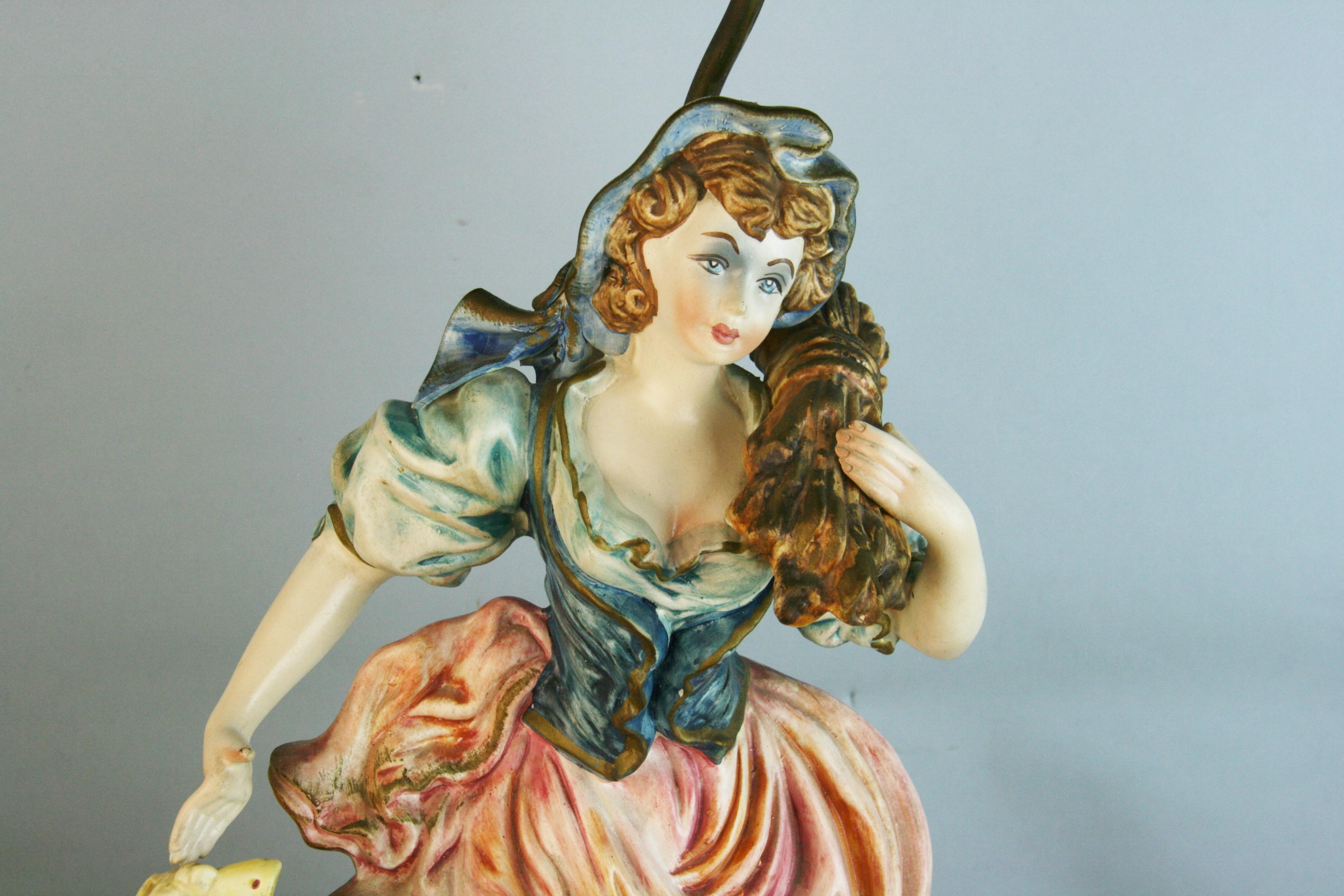 Italian Hand Painted Pheasant Woman and Lamb Lamp For Sale 2