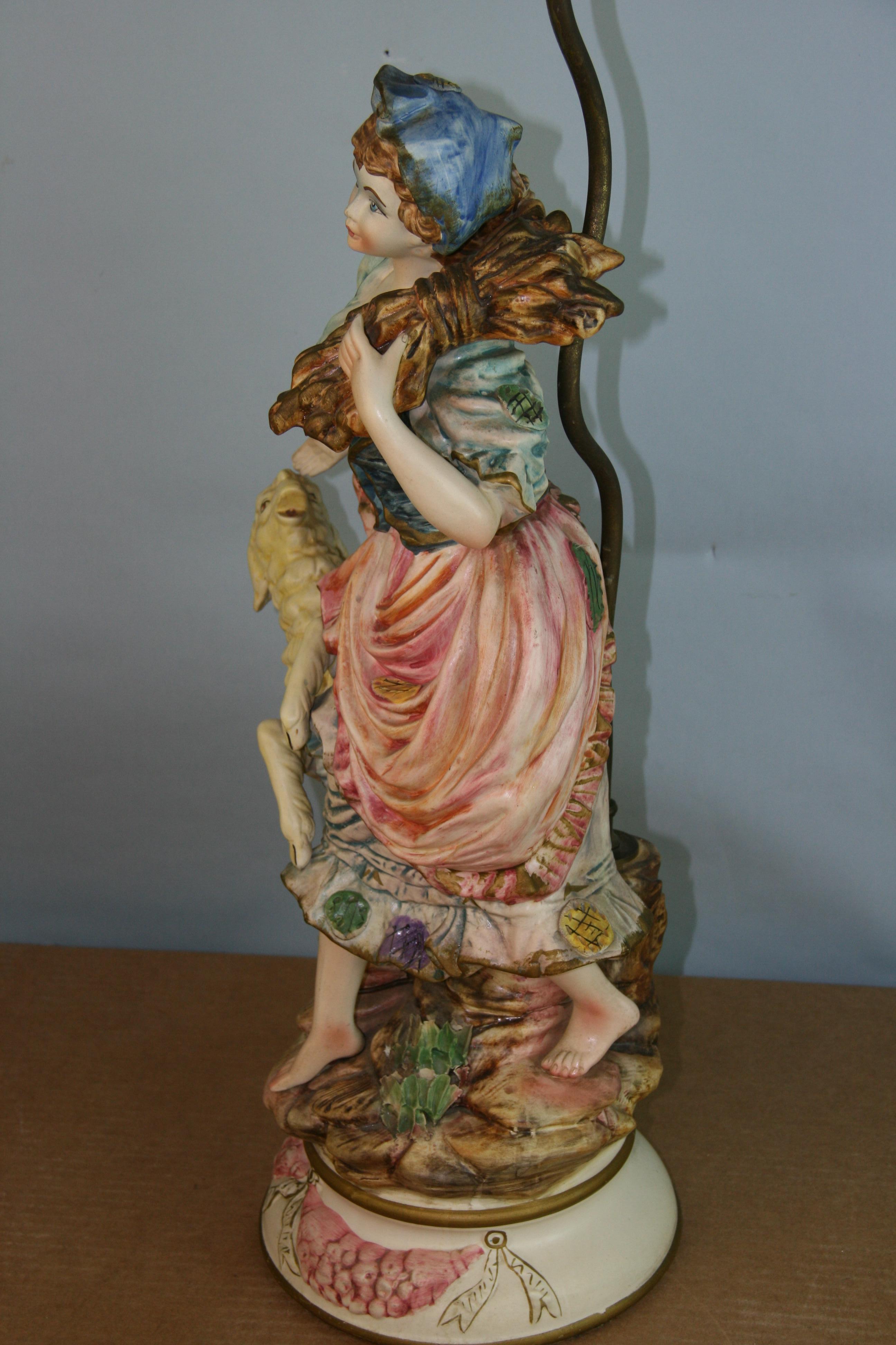 Italian Hand Painted Pheasant Woman and Lamb Lamp For Sale 3