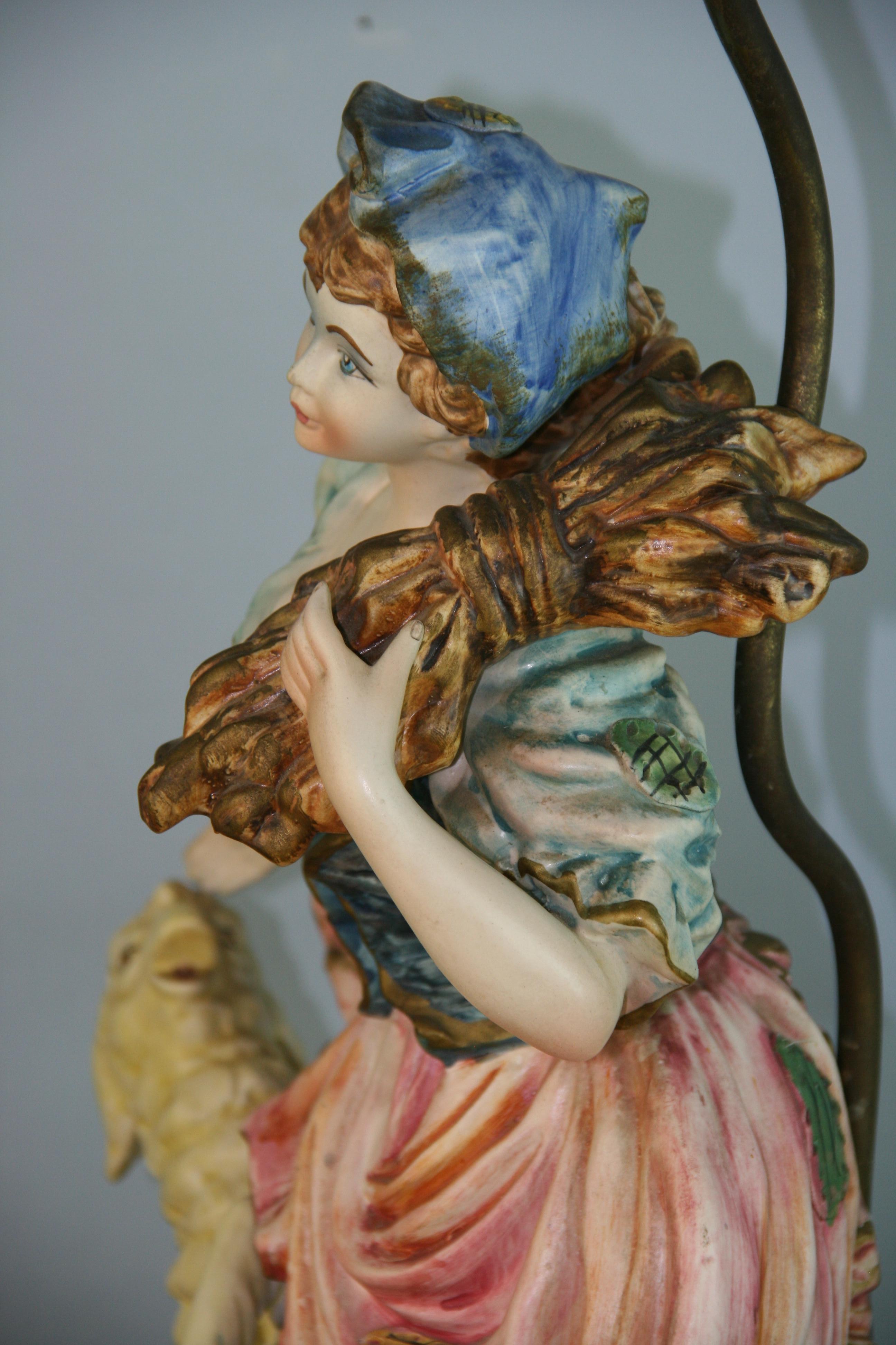 Italian Hand Painted Pheasant Woman and Lamb Lamp For Sale 4