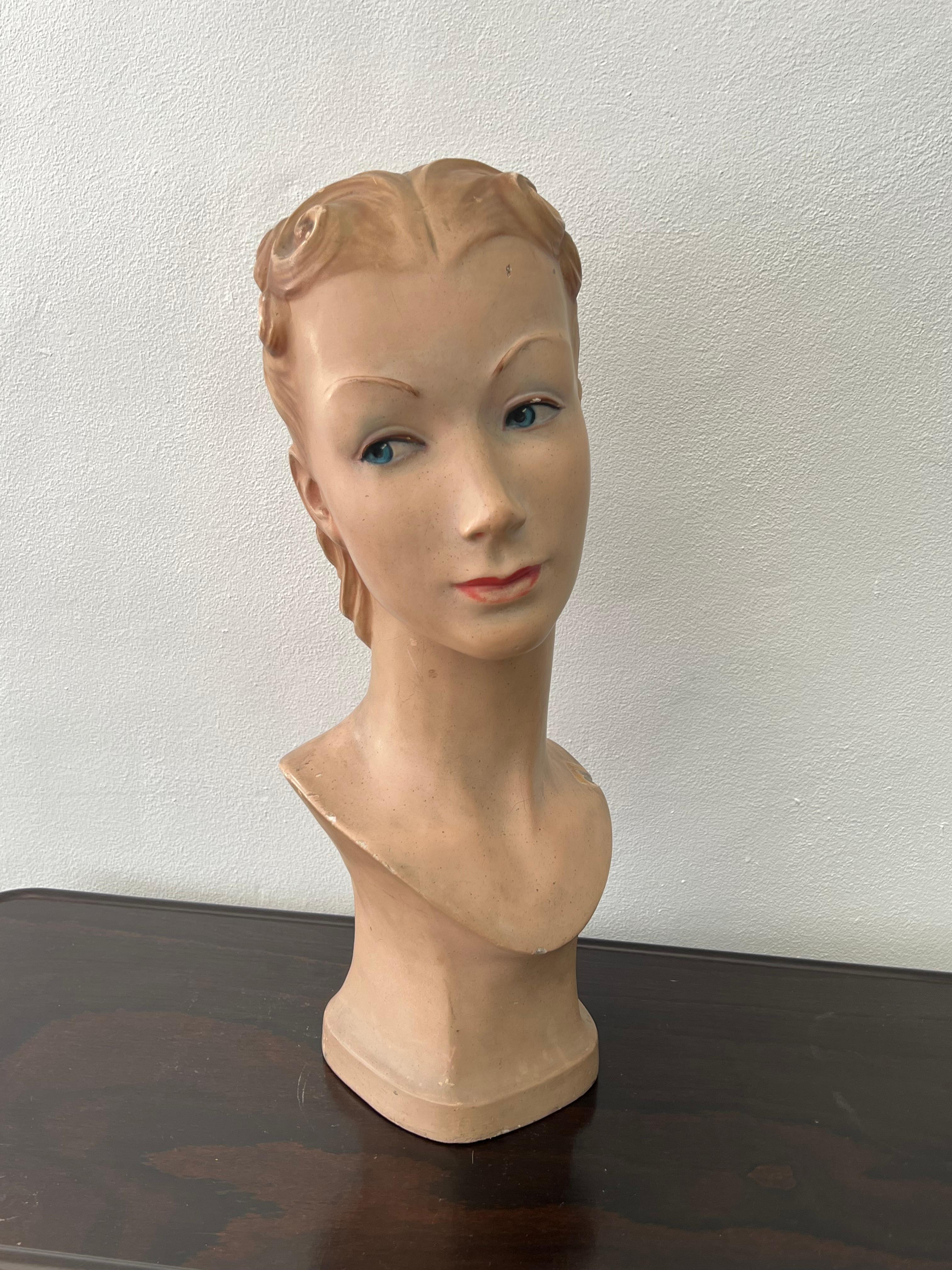 Italian unique hand painted plaster mannequin head 1920s.
  