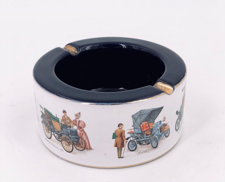 Italian Hand Painted Porcelain Ashtray with Antique Cars and Gold