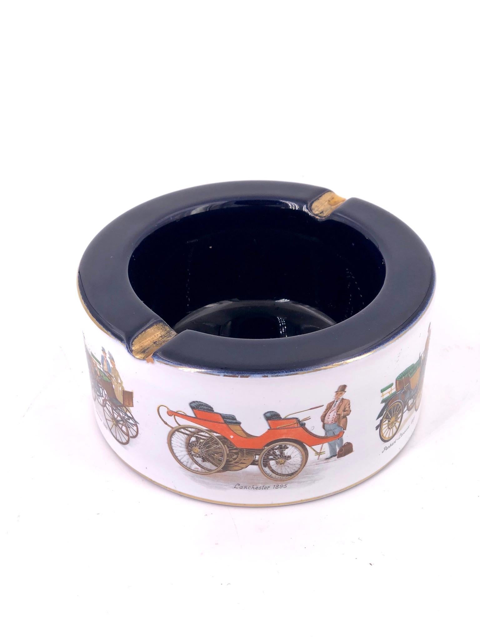 20th Century Italian Hand Painted Porcelain Ashtray with Antique Cars & Gold Accents For Sale