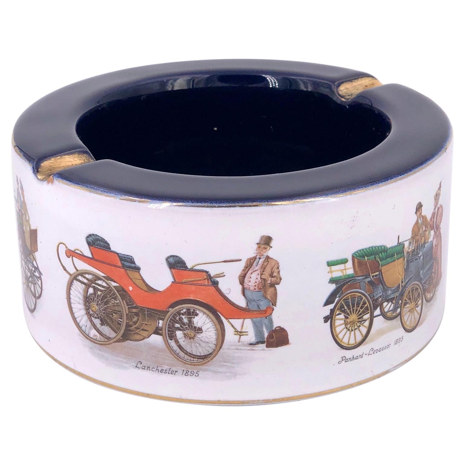 Italian Hand Painted Porcelain Ashtray with Antique Cars & Gold Accents For Sale