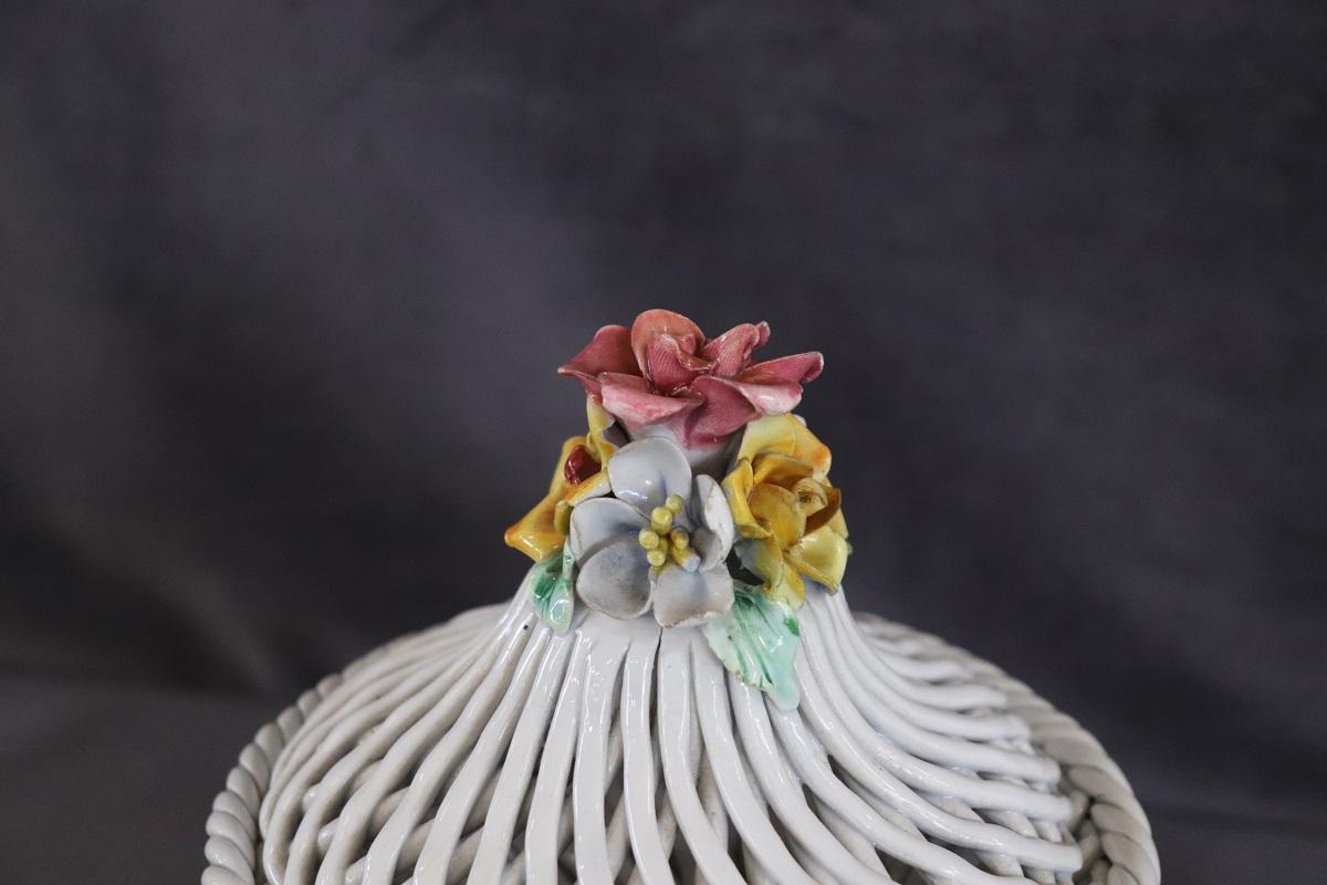 Late 20th Century Italian Hand Painted Porcelain Decorative Basket For Sale