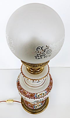 Italian Hand-Painted Porcelain Oil Lamp, Electrified with Etched Glass Shade