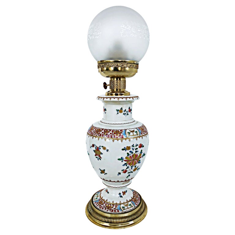 Italian HandPainted Porcelain Oil Lamp, Electrified with Etched Glass Shade For Sale at 1stDibs