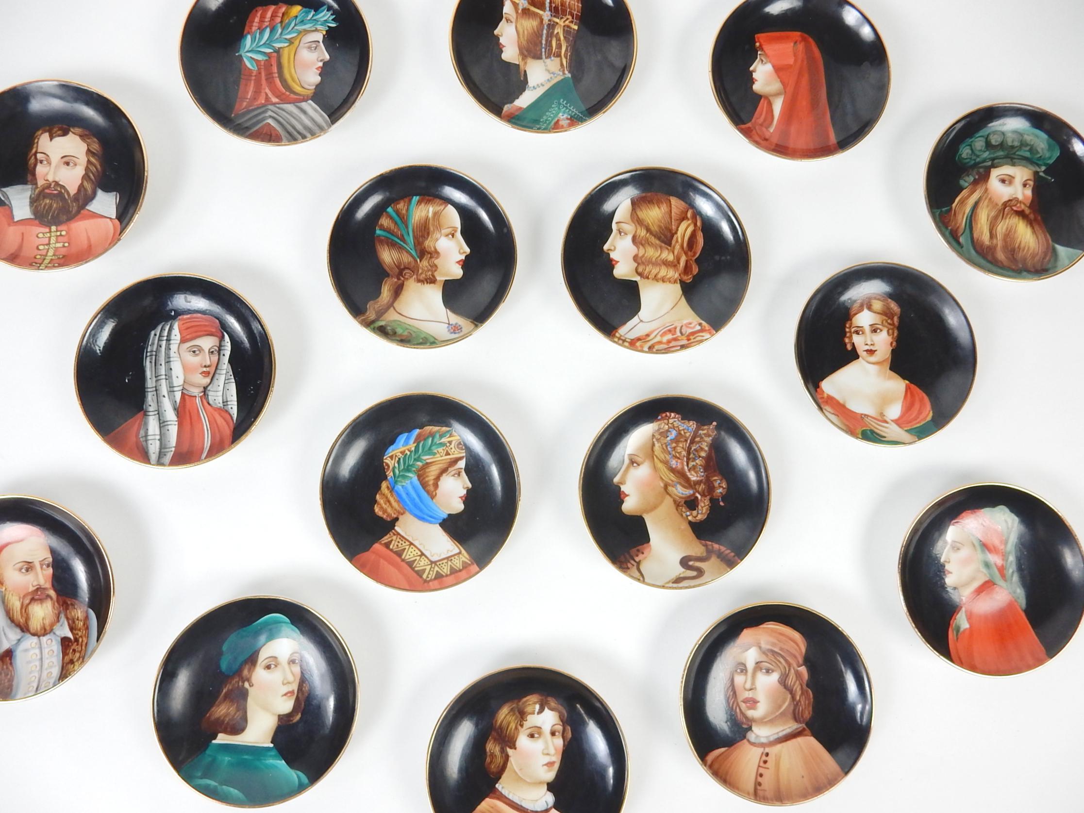 16 hand painted porcelain Renaissance portrait drink coasters or nut plates.
All signed Italy. Each has a small hole in porcelain allowing them to be hung
which would make an amazing wall display.